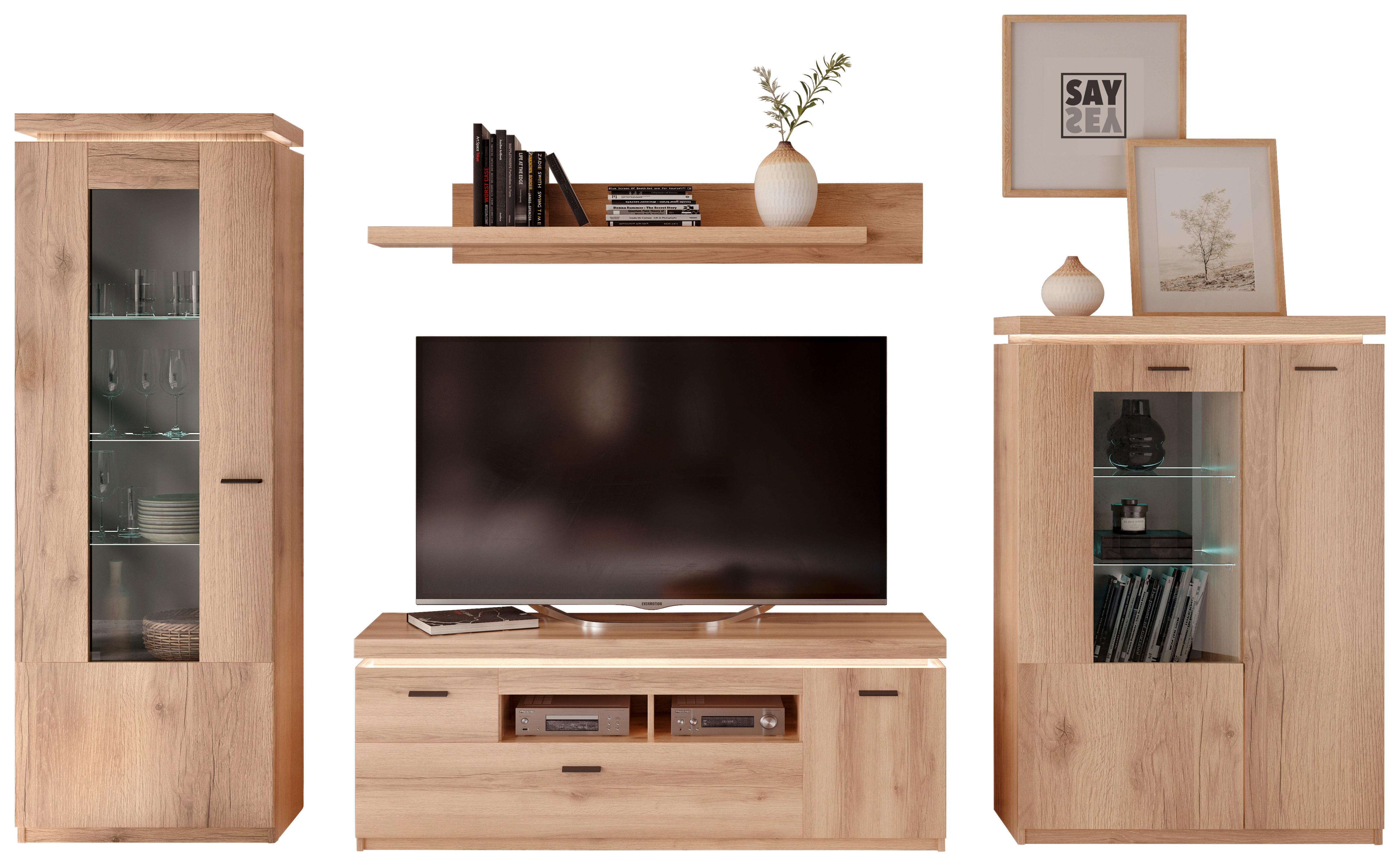 Wohnkombination Modern 4 -Teilig. mit Led Vancouver, Eiche Dekor - Eichefarben, MODERN, Glas/Holzwerkstoff (324/198/44cm)