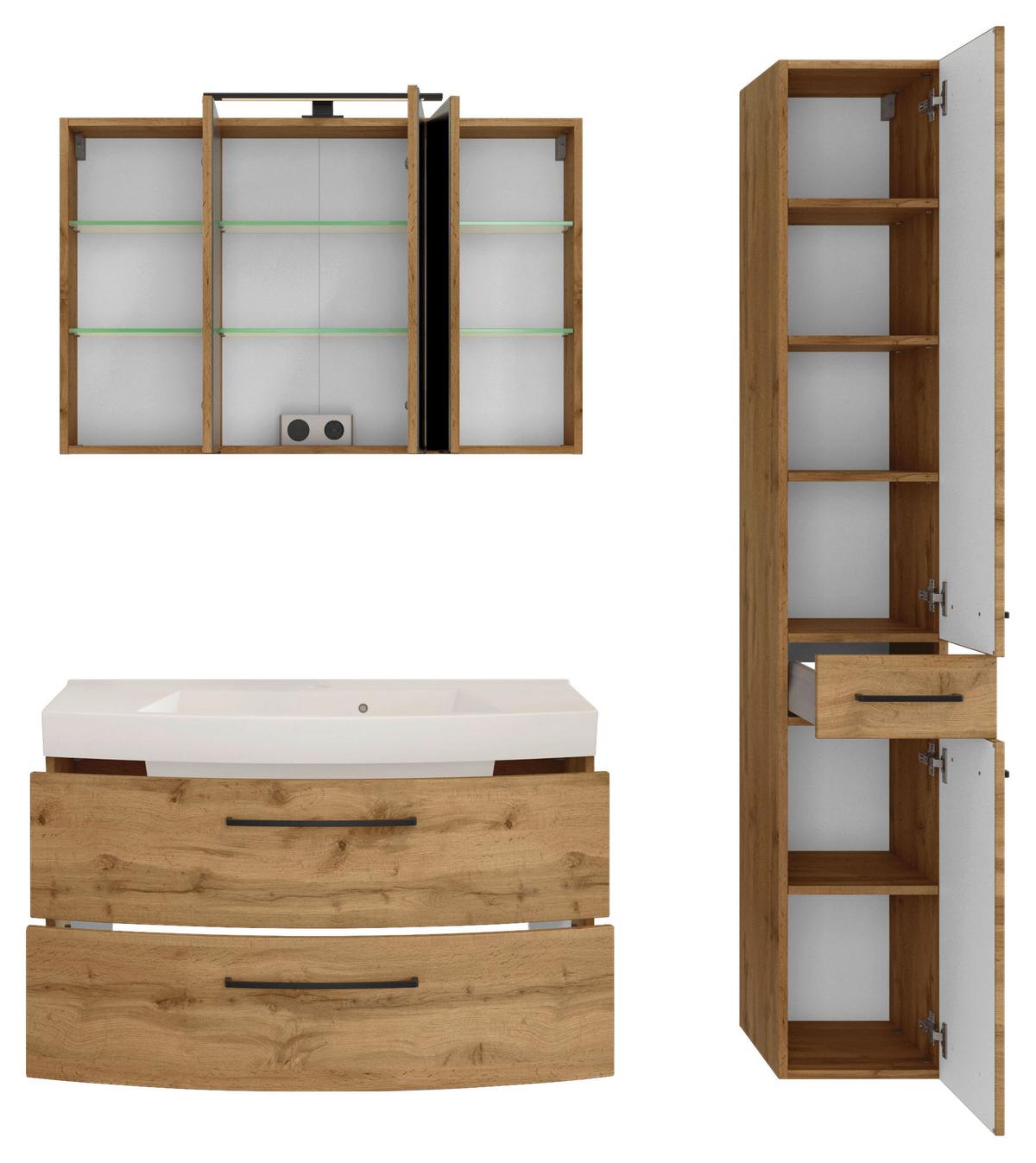 Badmöbel-set 3 -teilig. Manchester B:130cm Weiß Eiche Wotan Dekor - Eichefarben/Weiß, MODERN, Holzwerkstoff/Stein (130cm) - Held