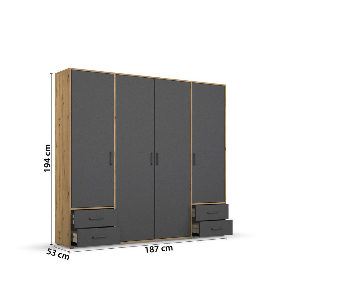 Drehtürenschrank Voyager Eiche Artisan,grau B: 187 cm - Eiche Artisan/Grau, MODERN, Holzwerkstoff (187/194/53cm) - Rauch Möbel