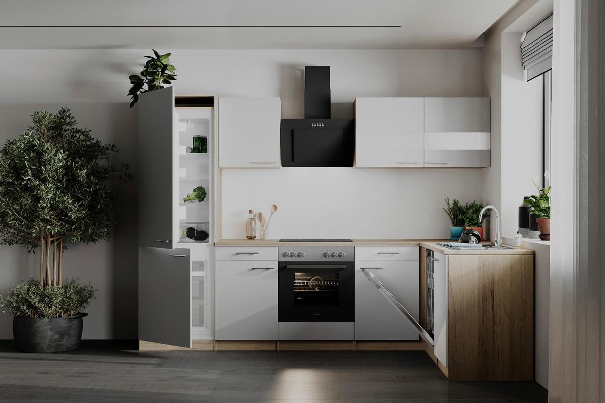 Eckküche Merle Weiß/Eichefarben B: 280cm - Eichefarben/Weiß, Basics, Holzwerkstoff (280/172cm) - Respekta
