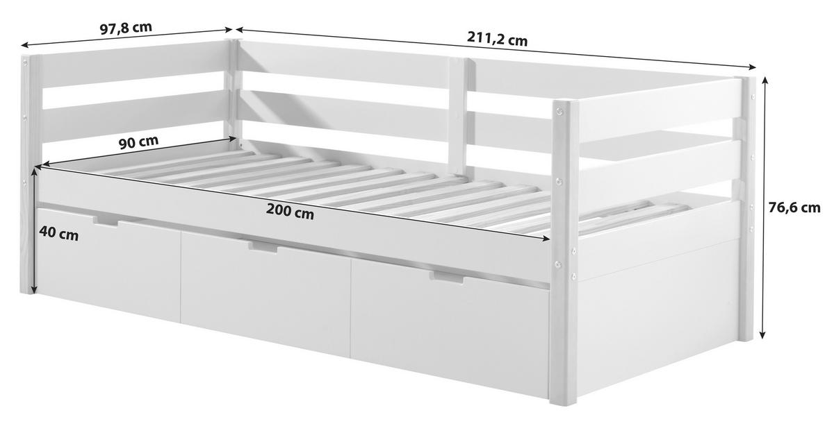 Ausziehbett Kiefer +lattenrost 90x200 cm Margrit Weiß/Natur - Weiß/Kieferfarben, MODERN, Holz/Holzwerkstoff (90/200cm) - MID.YOU