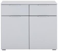 Kommode in hellgrauem Dekor, Griffleisten und Füße in Aluminiumsilber