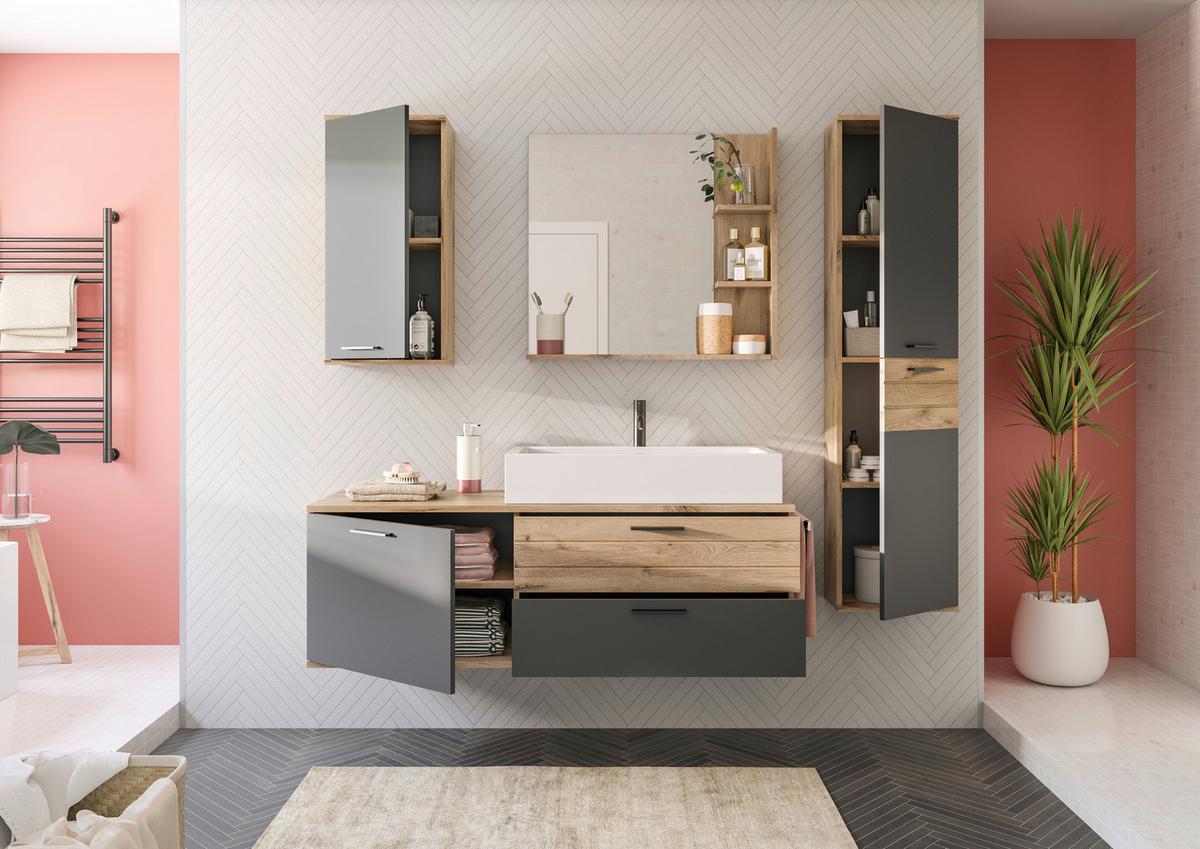 Badezimmer Mason Eiche Dekor Grau - Eichefarben/Weiß Hochglanz, MODERN, Glas/Keramik (177cm) - MID.YOU