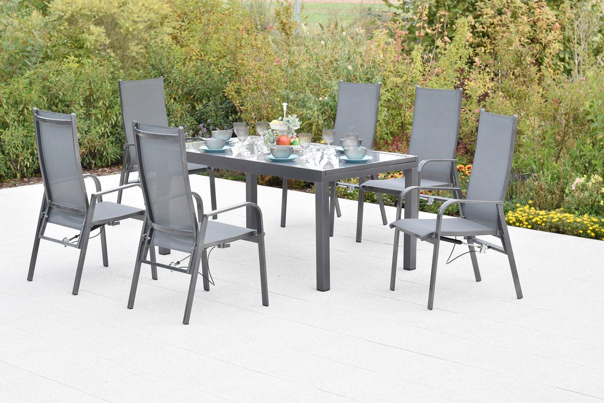 Gartentischgruppe Alassio 7--Teilig. Aus Aluminium - Graphitfarben/Grau, KONVENTIONELL, Glas/Textil - Gardenson