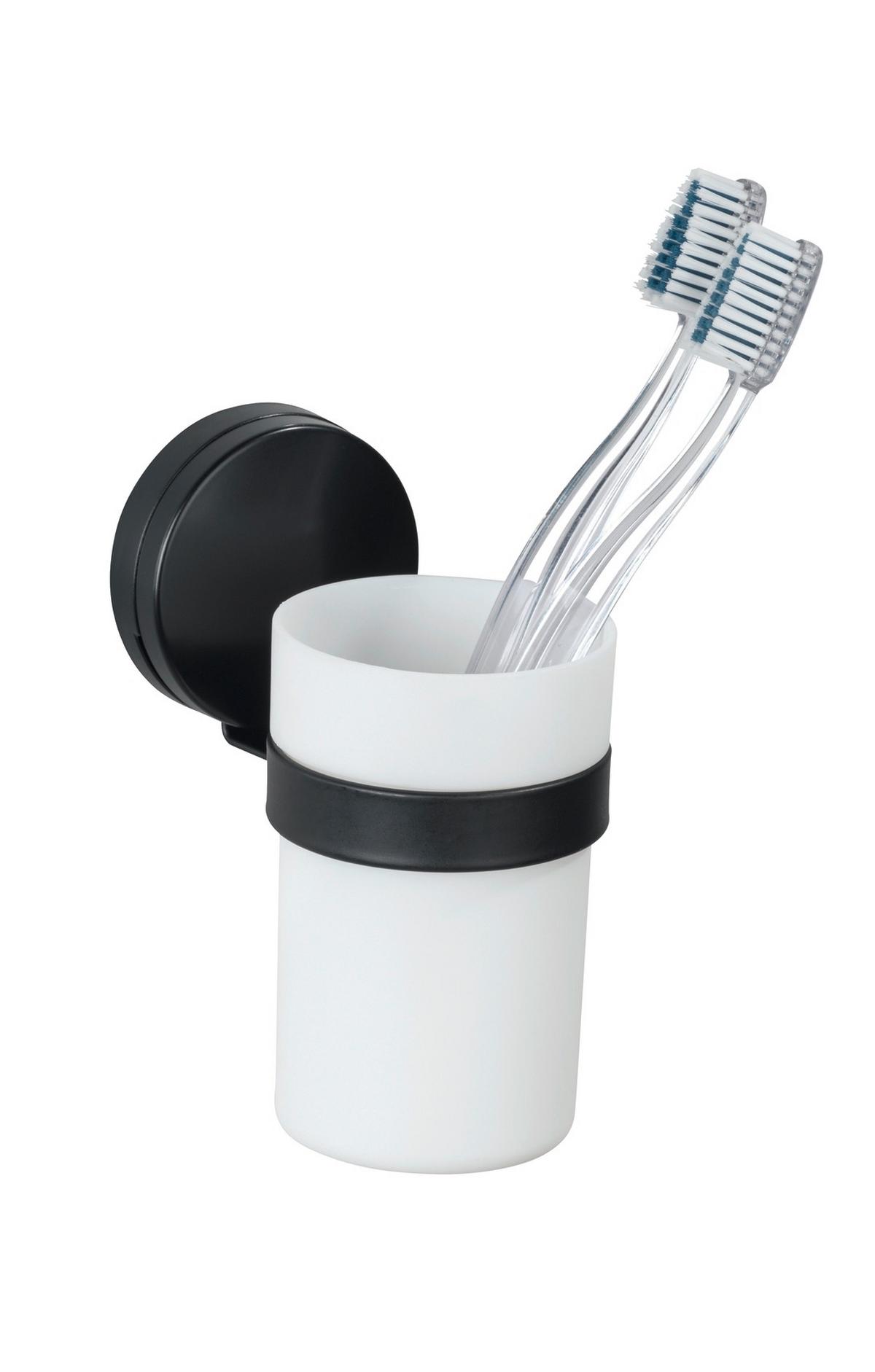 Zahnputzbecher Static Loc Plus Pavia 24895100 - Schwarz/Weiß, MODERN, Metall (6/12/9cm) - Wenko