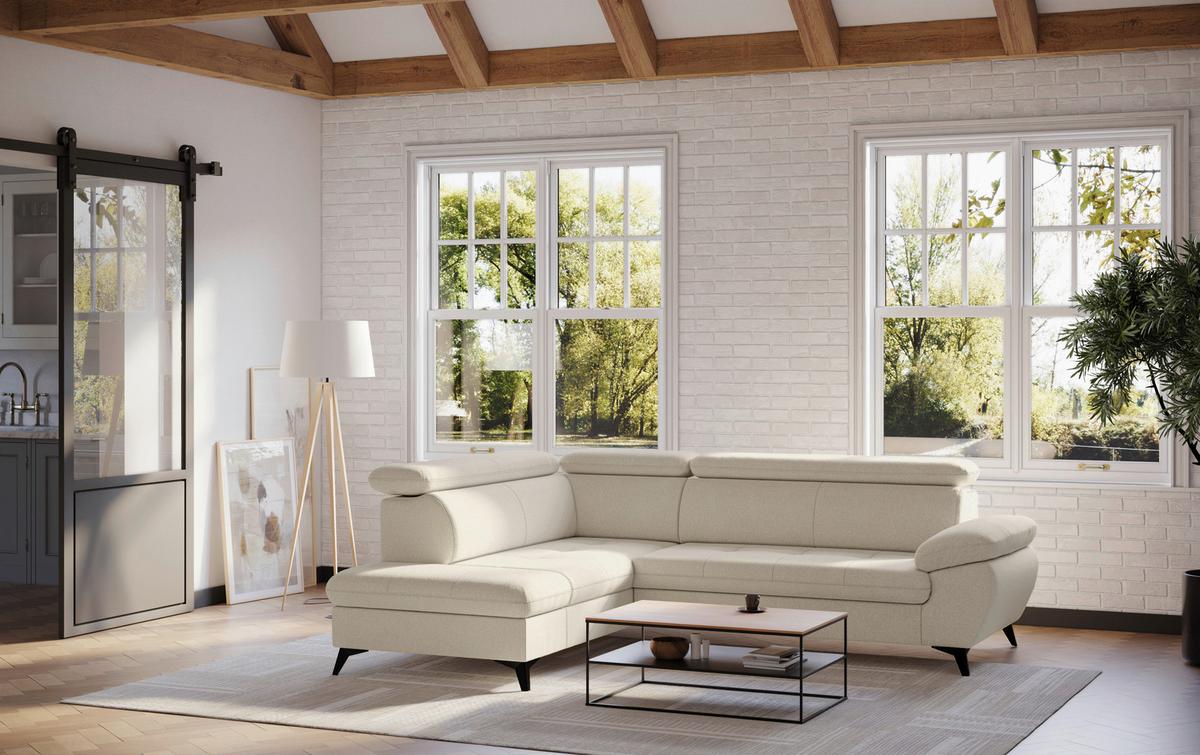 Ecksofa mit Bettfunktion Hudson, Chenille Beige - Beige/Schwarz, KONVENTIONELL, Textil (207/256cm) - Sembella