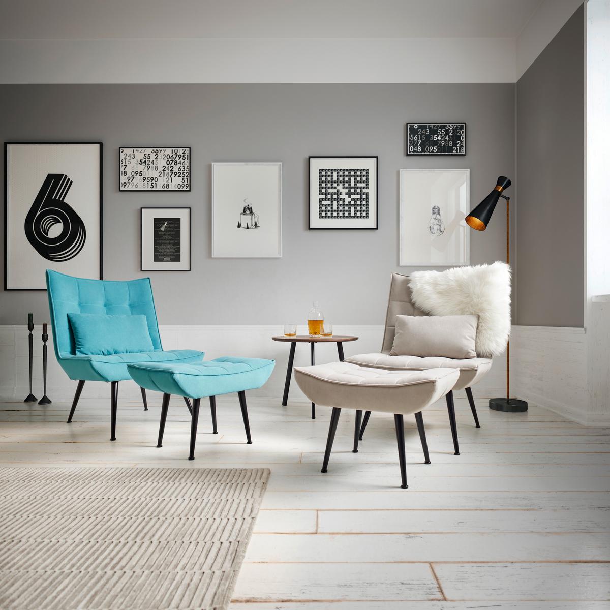 Čalúnené kreslo s podnožkou TOMA, svetlosivé - čierna/svetlosivá, Modern, kov/drevo (68/95/66cm) - Bessagi Home