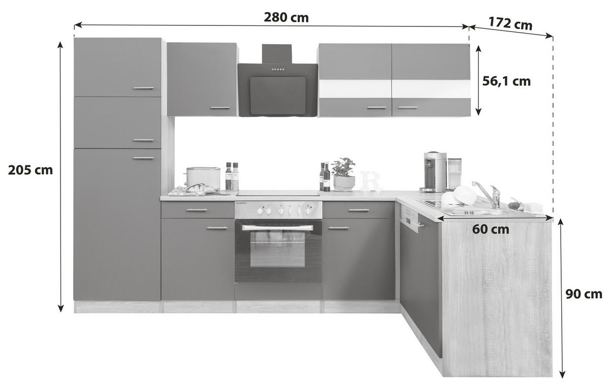 Eckküche Respekta ohne Geräte 280x172 cm Grau/Eiche Dekor - Eichefarben/Grau, Basics, Holzwerkstoff (280cm) - Respekta