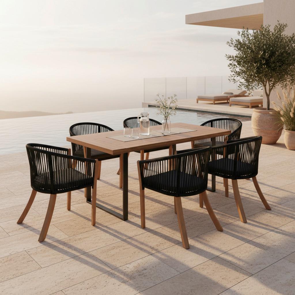 Súprava záhradnho nábytku ALINA - čierna/farba akácie, Modern, kov/drevo (180/77/90cm) - Bessagi Garden