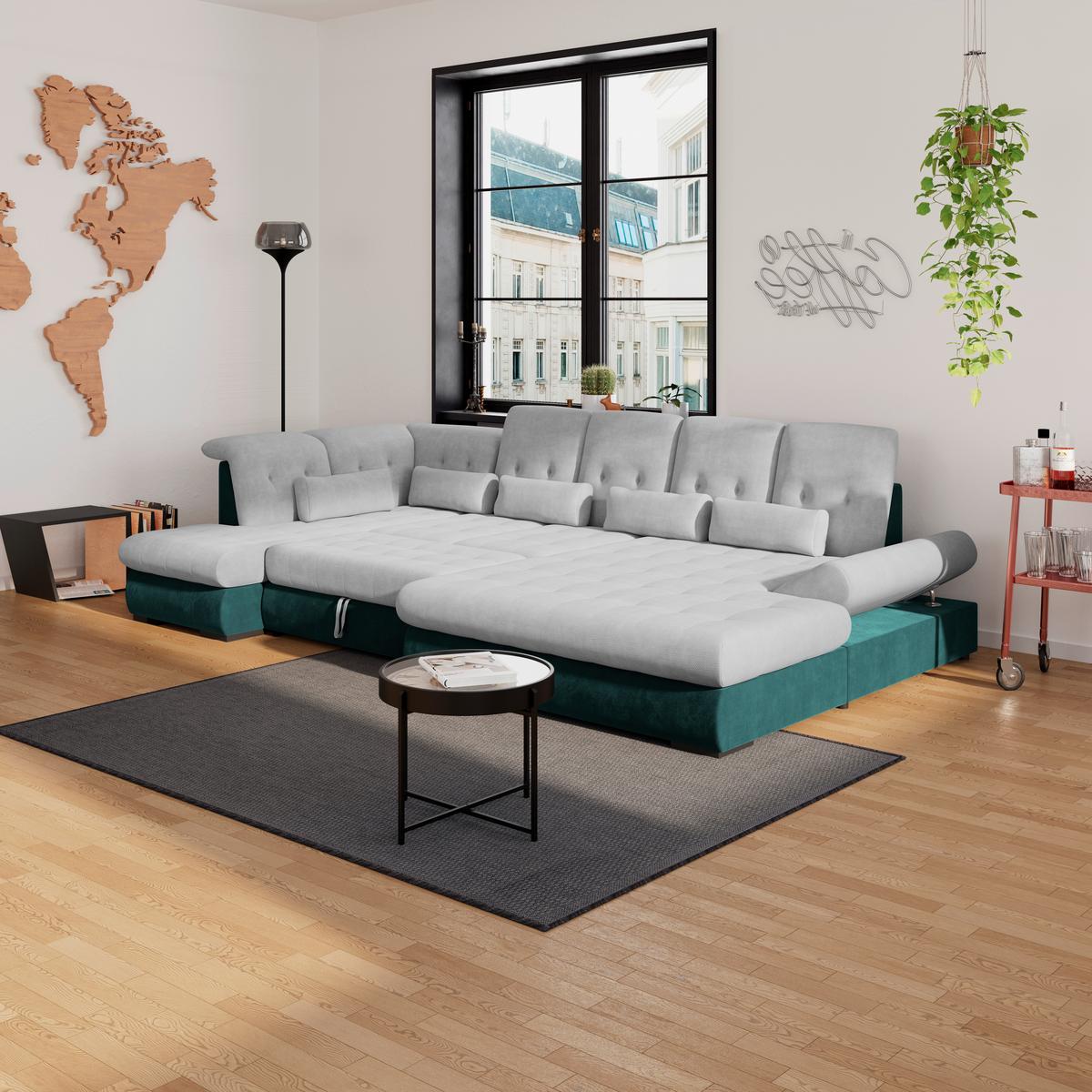 Wohnlandschaft Madera Silberfarben S: 212x358 cm - Türkis/Silberfarben, KONVENTIONELL, Kunststoff/Textil (212/358/190cm)