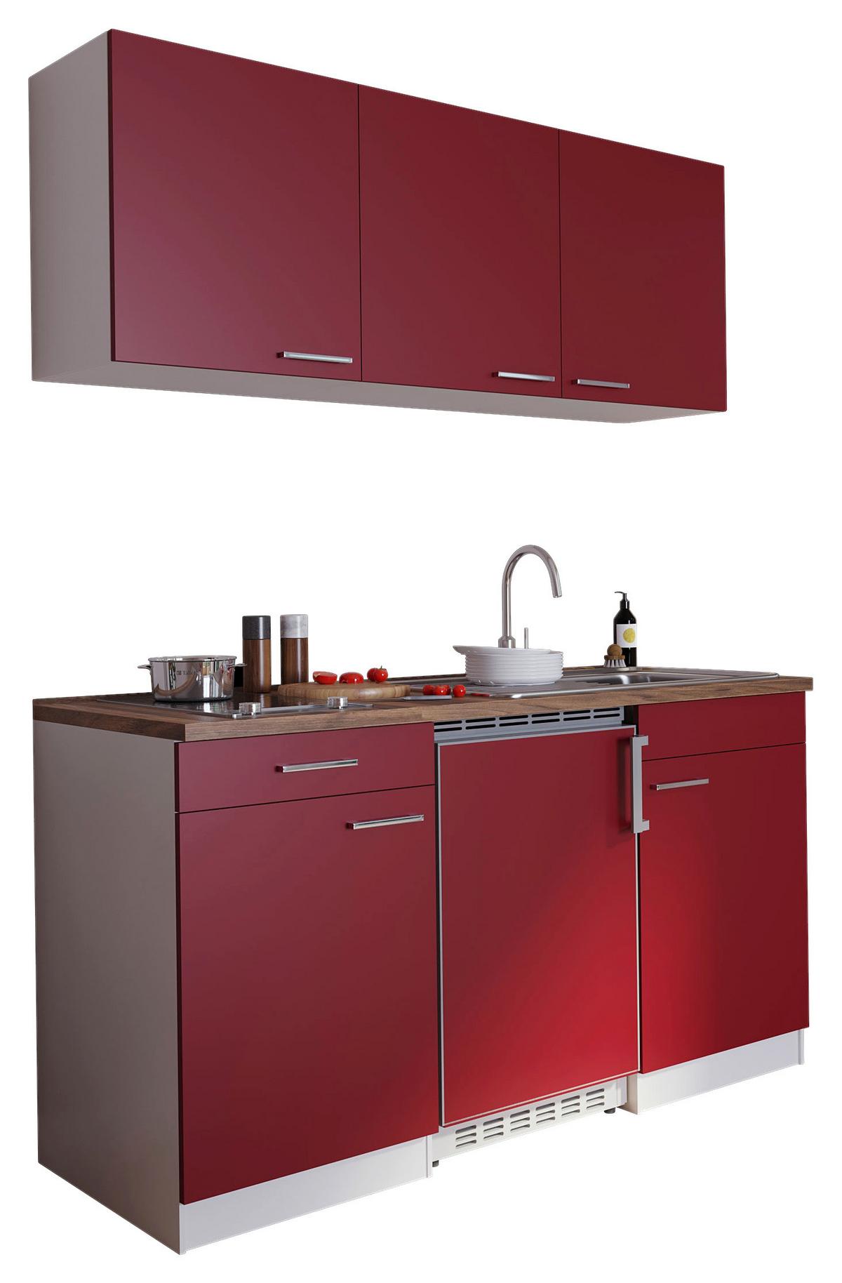 Miniküche Economy M. Geräten 150 Cm Rot/ Nussbaum Dekor - Rot/Nussbaumfarben, Basics, Holzwerkstoff (150cm) - Respekta