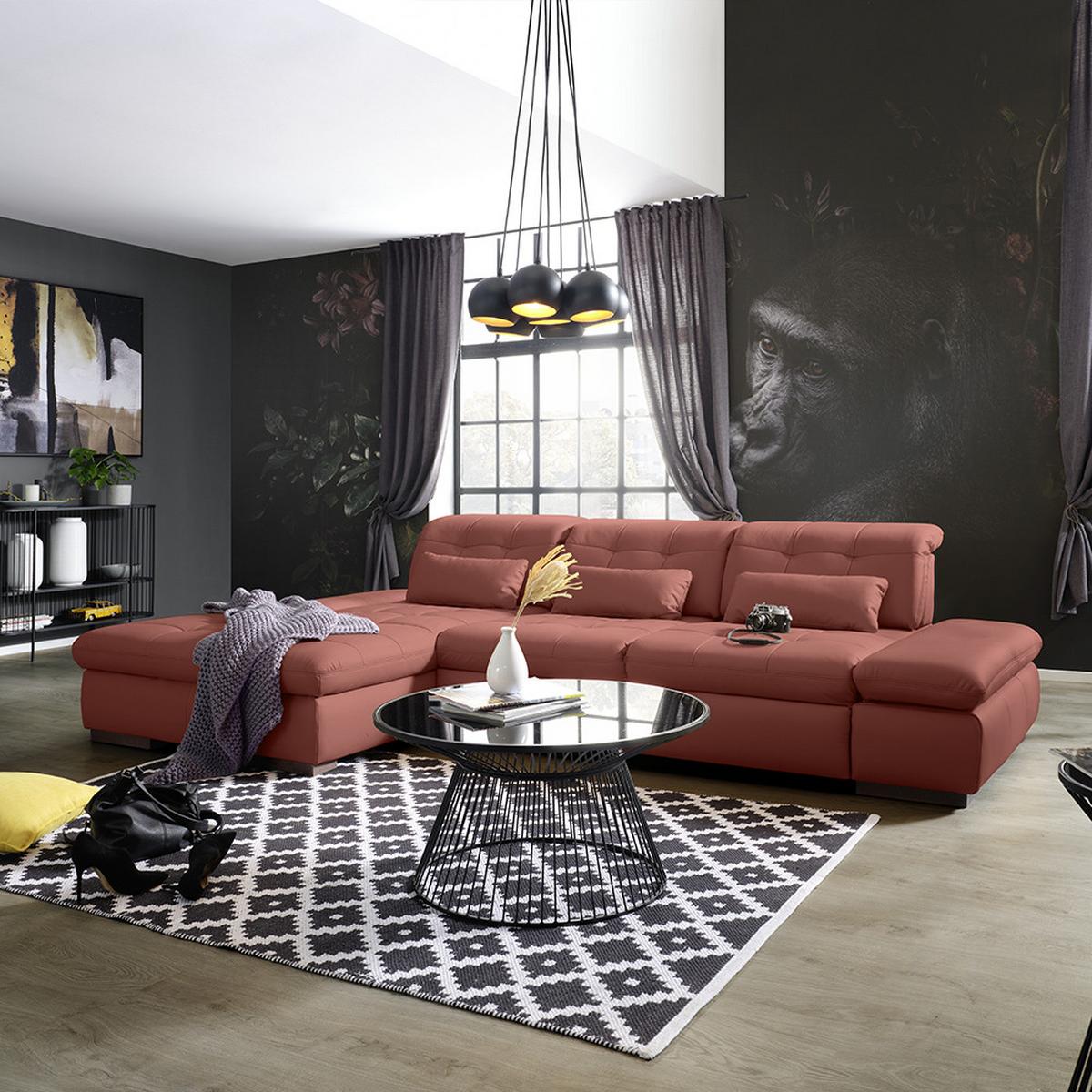 Rohová sedačka SANFINO, ľavá, vínovočervená pravá koža - vínovočervená/chrómová, Konventionell, kov/koža (199/79-96/305cm) - Premium Living