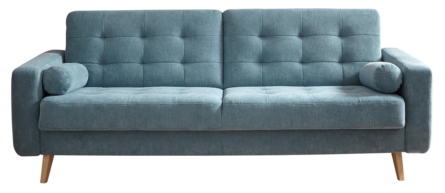 Schlafsofa mit Bettkasten und Kissen Fjord, Webstoff - Blau/Eichefarben, MODERN, Textil (222/86/90cm) - MID.YOU