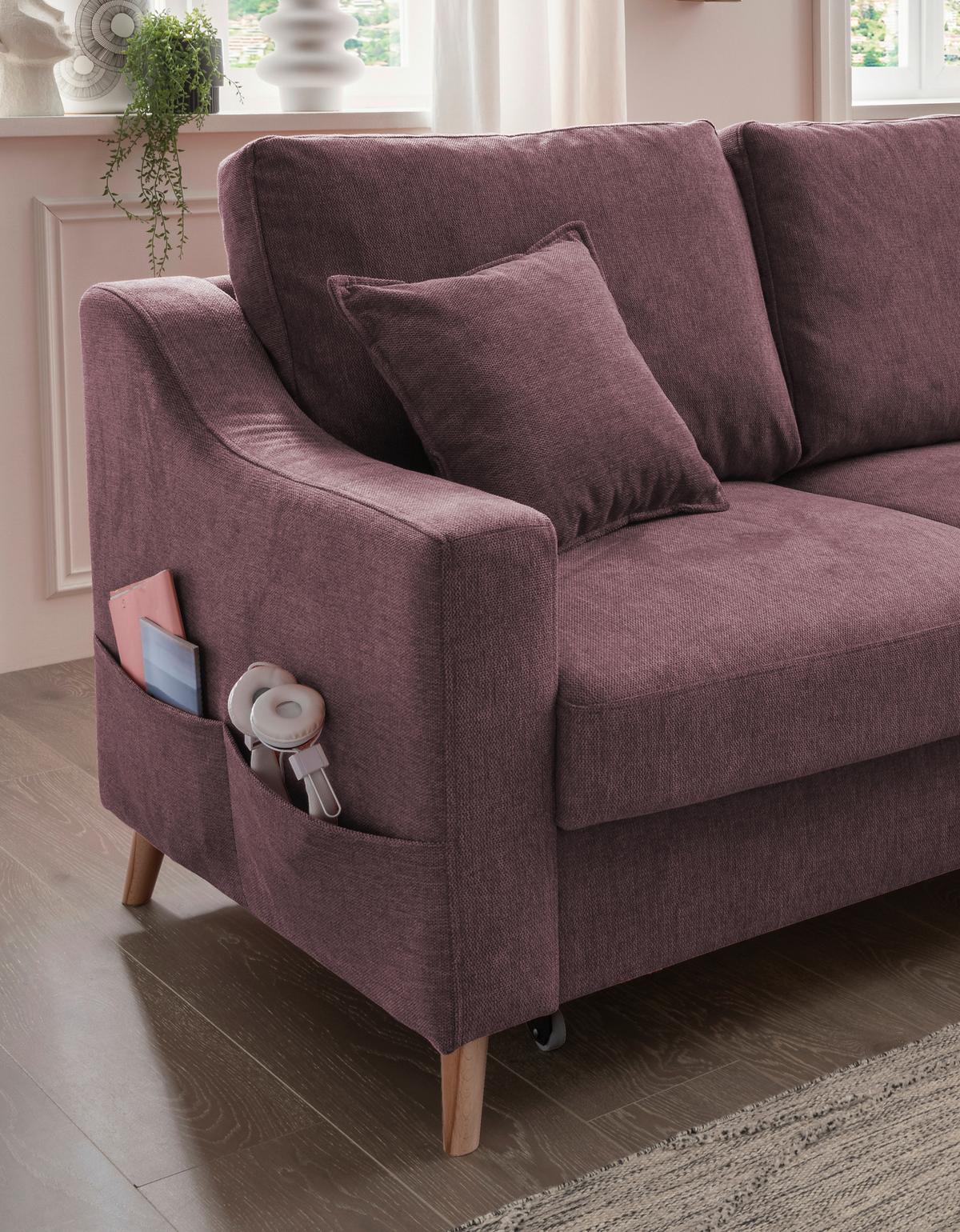 Ecksofa mit Schlaffunktion Valentina mit Kissen Bordeaux - Bordeaux/Naturfarben, KONVENTIONELL, Textil (228/150cm) - P & B