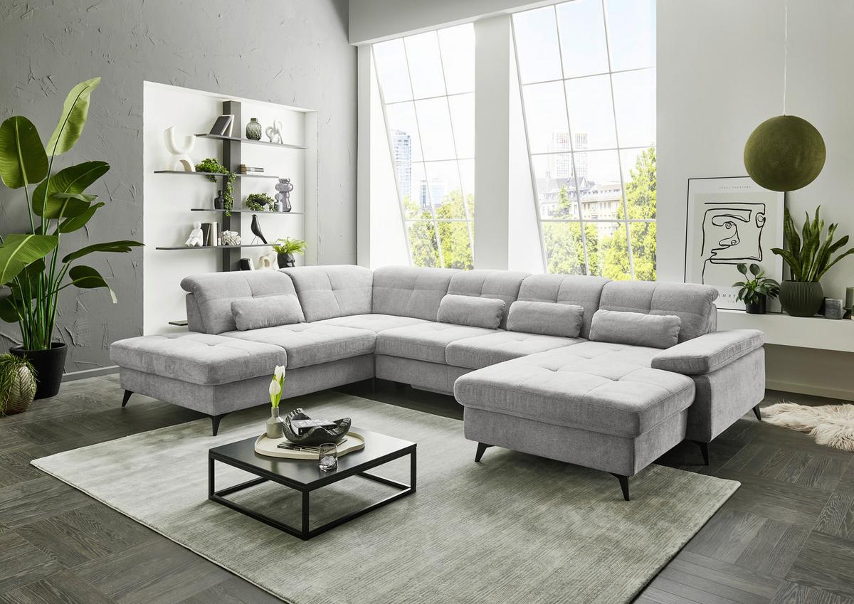 Sedačka SORENA U, levá, sv.šedá žinylka, s funkcemi - černá/světle šedá, Moderní, kov/textil (255/353/198cm) - Premium Living