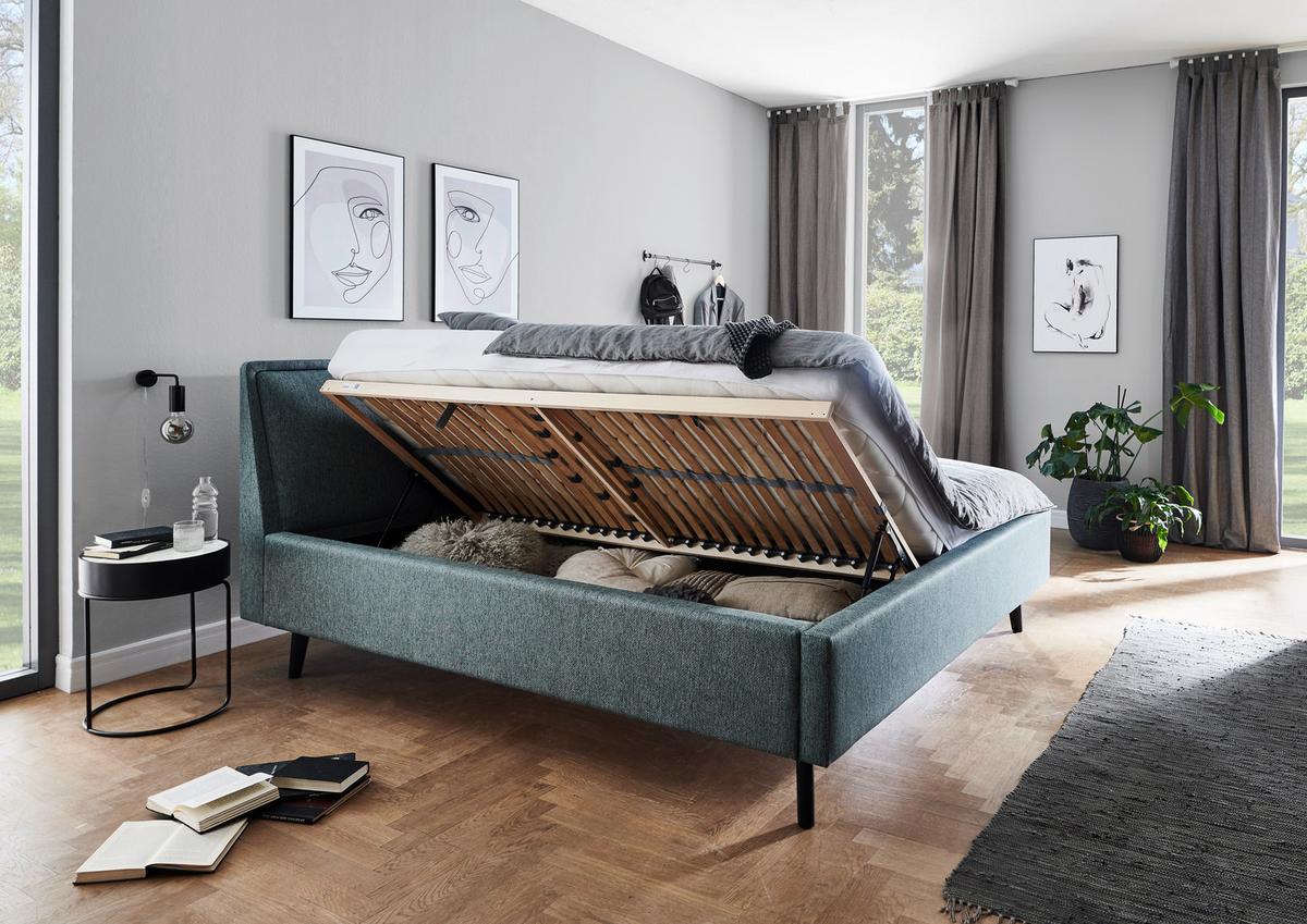 Polsterbett Frieda 140x200cm Blau, inkl. Bettkasten - Blau/Schwarz, KONVENTIONELL, Holz/Textil (140/200cm) - Livetastic