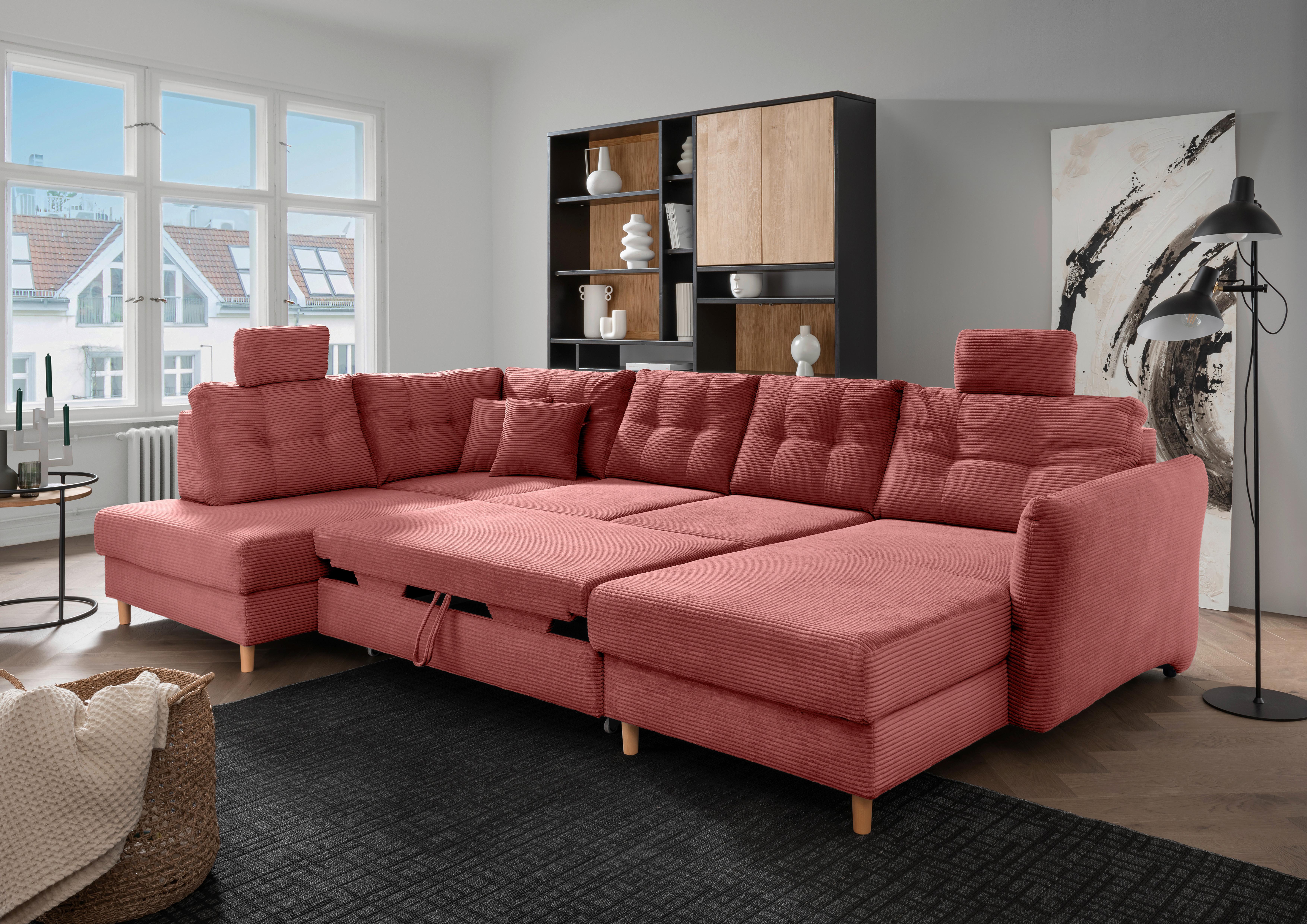 Wohnlandschaft Brizzini mit Schlaffunktion, Koralle - Koralle/Naturfarben, MODERN, Textil (206/338-352/176cm) - Livetastic