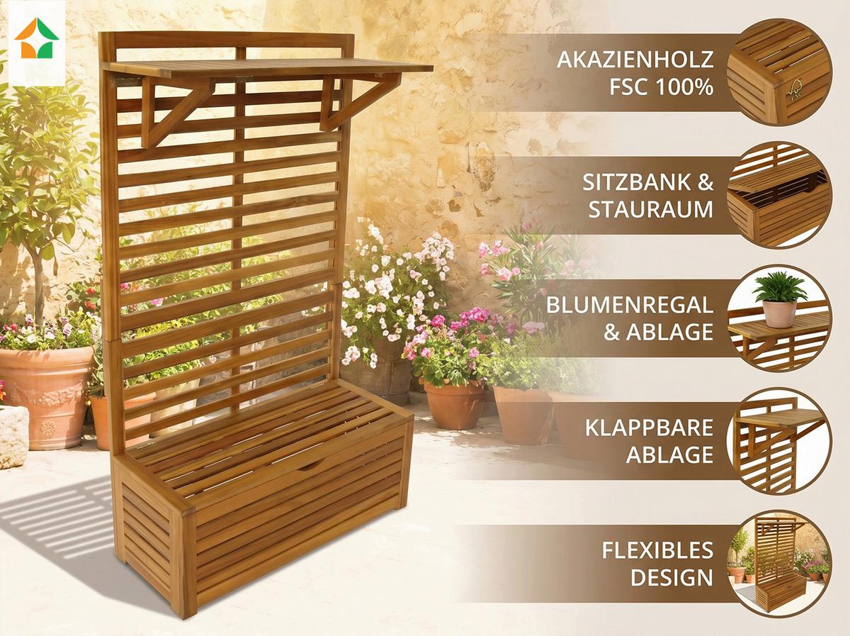 Blumenregal mit Sitzbank & Aufbewahrung - Akaziefarben, Basics, Holz (39/91,5/151,5cm)