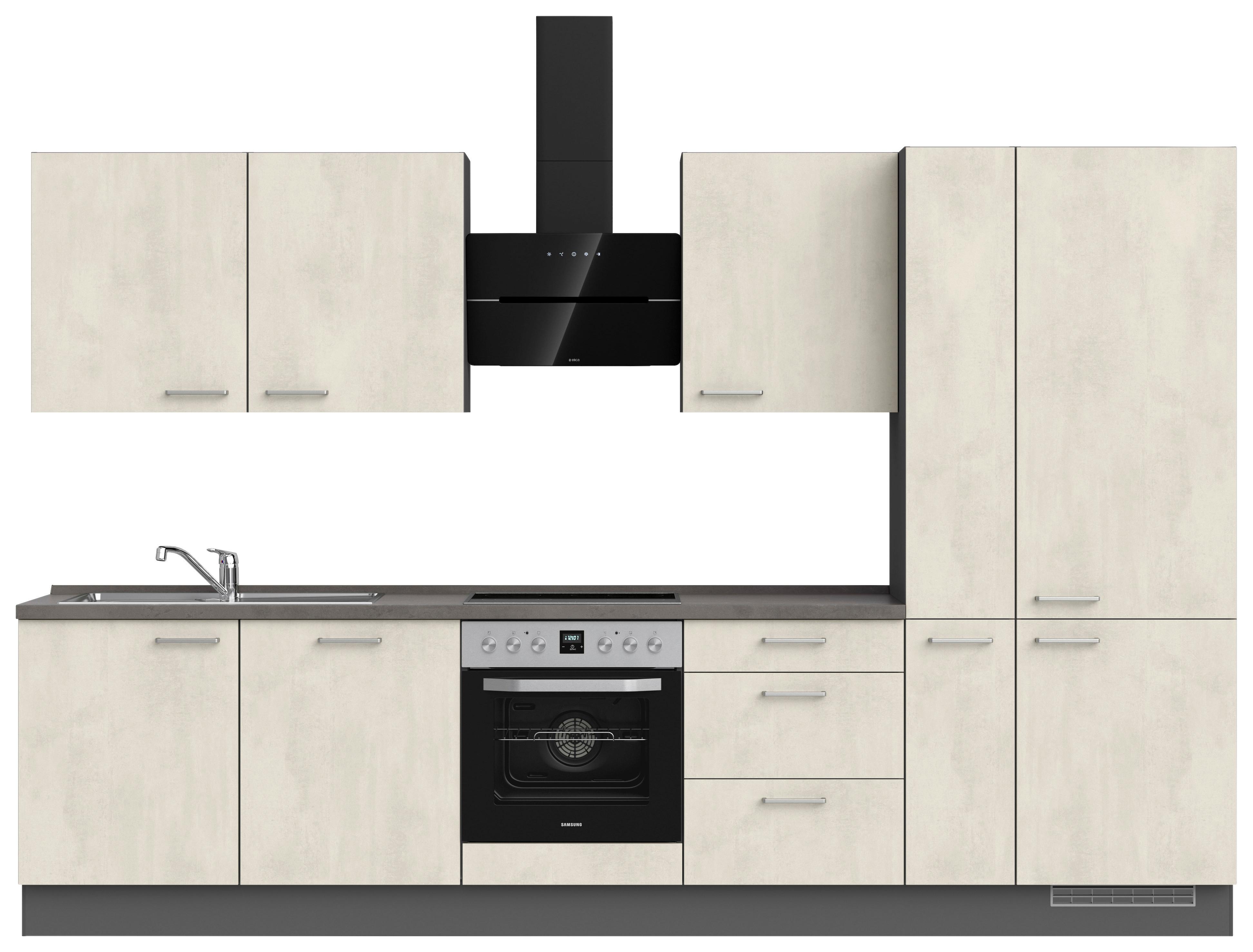 Kuchynská linka 330CM biely betón/ bridlicová šedá - biela/farba ušľachtilej ocele, Modern, kov/kompozitné drevo (330cm) - Nobilia