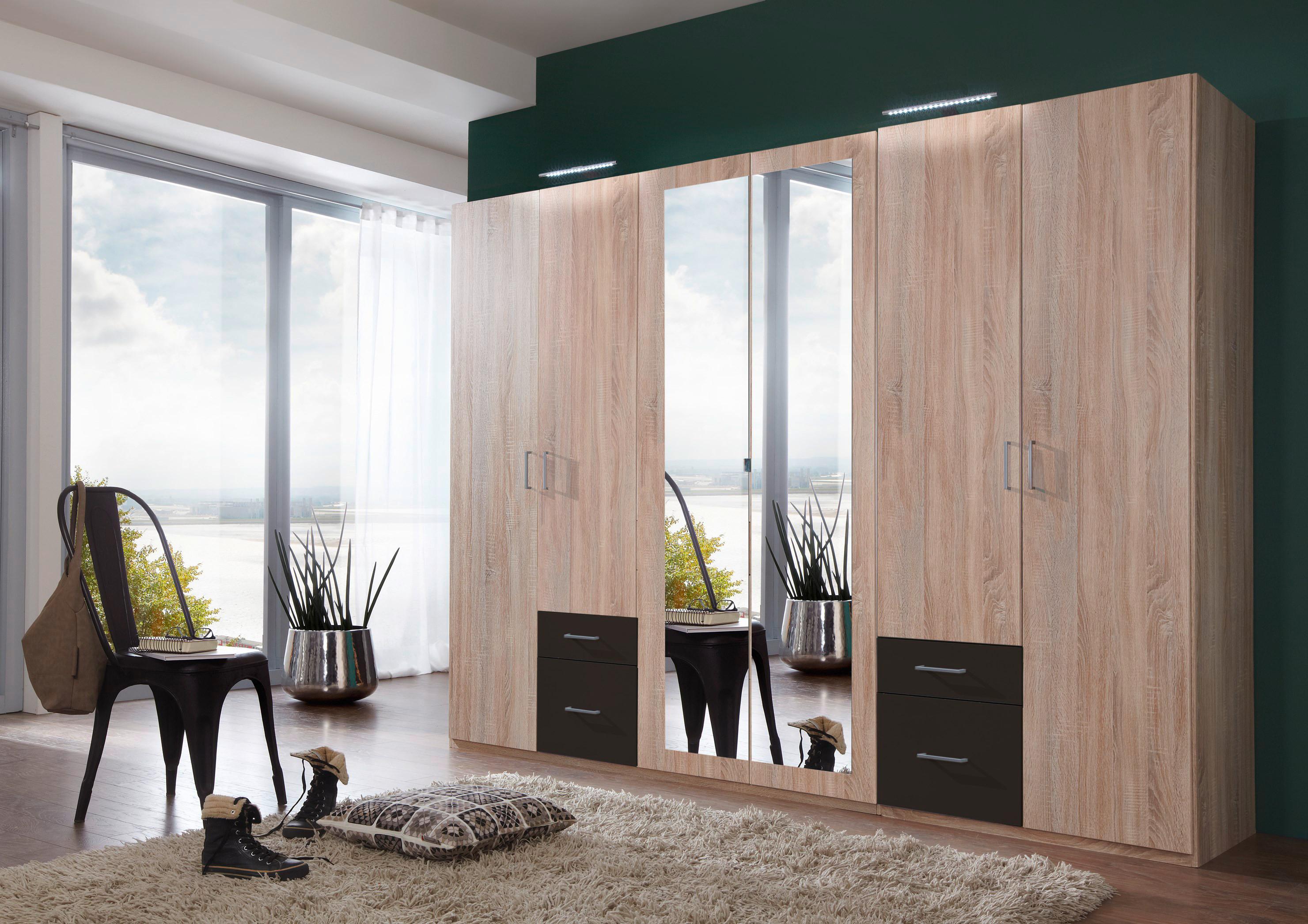 Drehtürenschrank Mit Spiegel + Laden 270cm Fly, Eiche Dekor - Eichefarben/Graphitfarben, Design, Glas/Holzwerkstoff (270/210/58cm) - MID.YOU