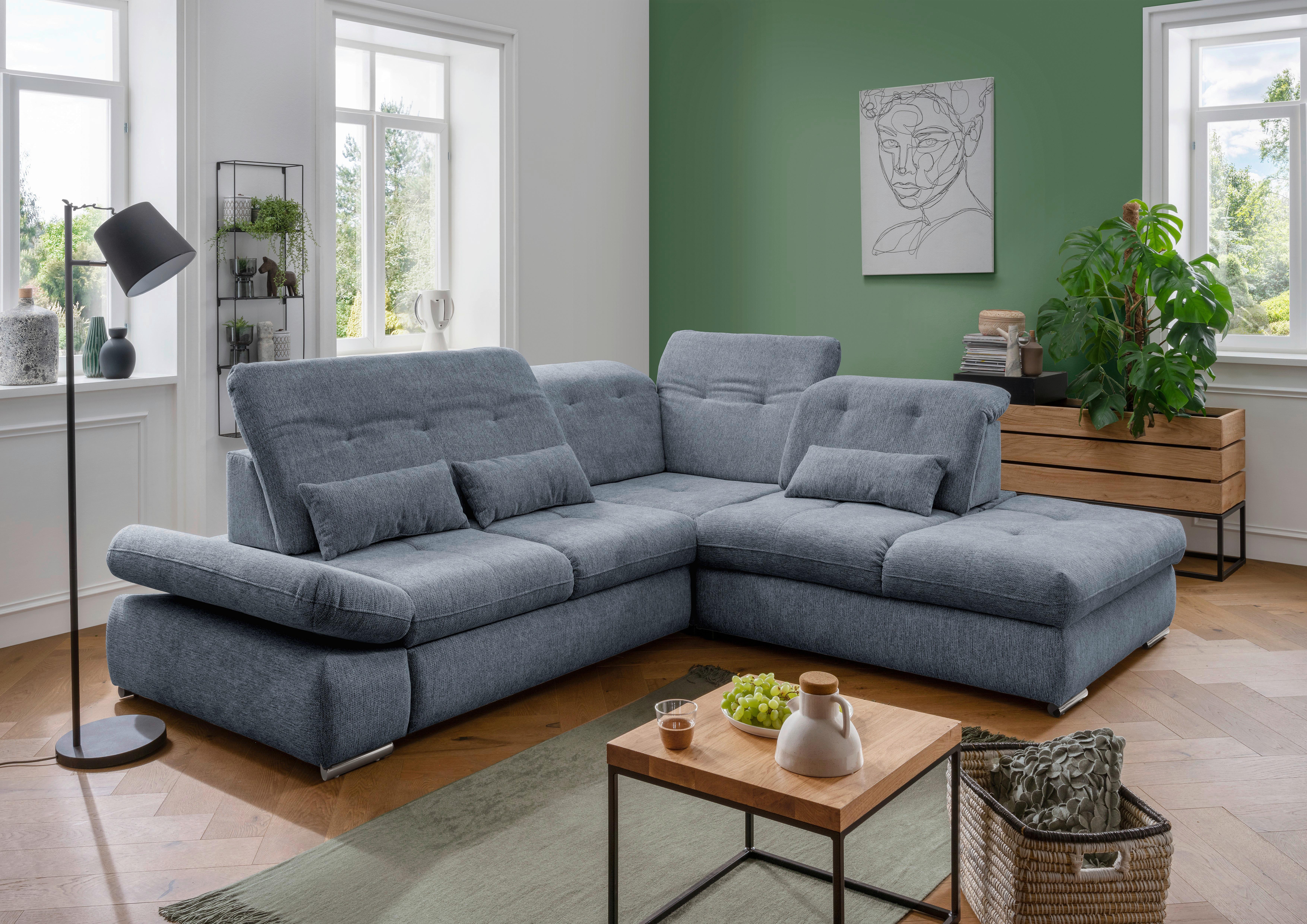 Ecksofa mit Schlaffunktion Dalida Blau Chenille - Chromfarben/Blau, Design, Textil (280/254cm) - Livetastic