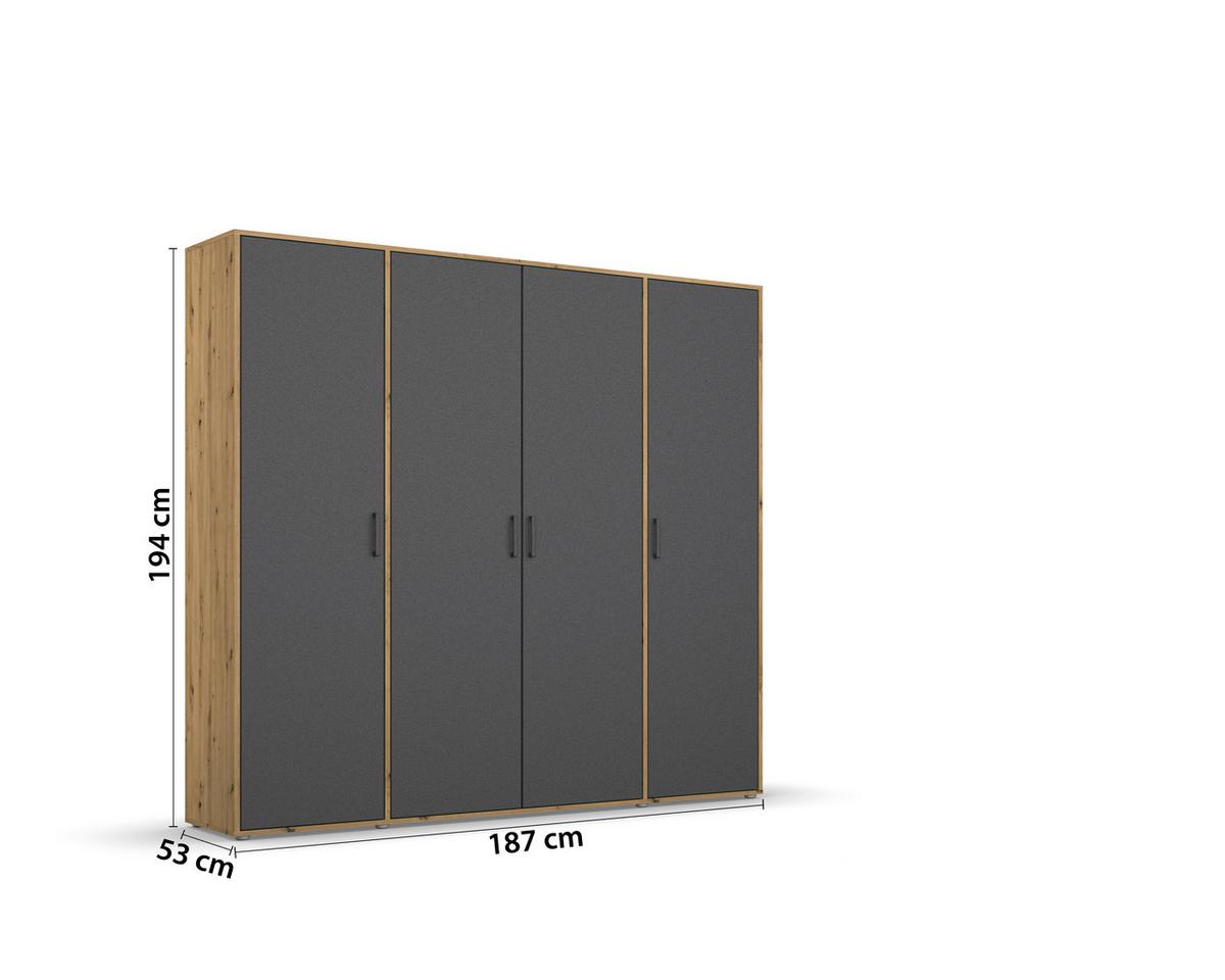 Drehtürenschrank Voyager Eiche Artisan,grau B: 187 Cm - Eiche Artisan/Grau, MODERN, Holzwerkstoff (187/194/53cm) - Rauch Möbel