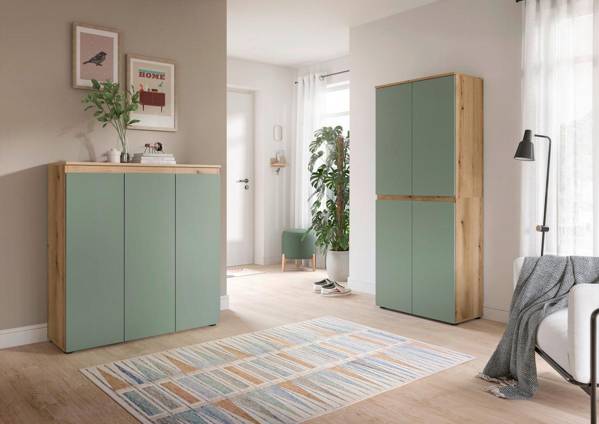 Garderobenschrank Scarpa Eiche Dekor, Graugrün B: 140cm - Eichefarben/Schwarz, Design, Holzwerkstoff (190/175/37cm) - Livetastic