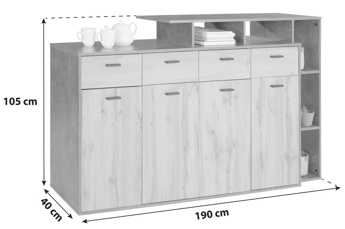 KOMODA TOM 4 - barvy dubu/černá, Moderní, dřevo/plast (190/105/40cm)
