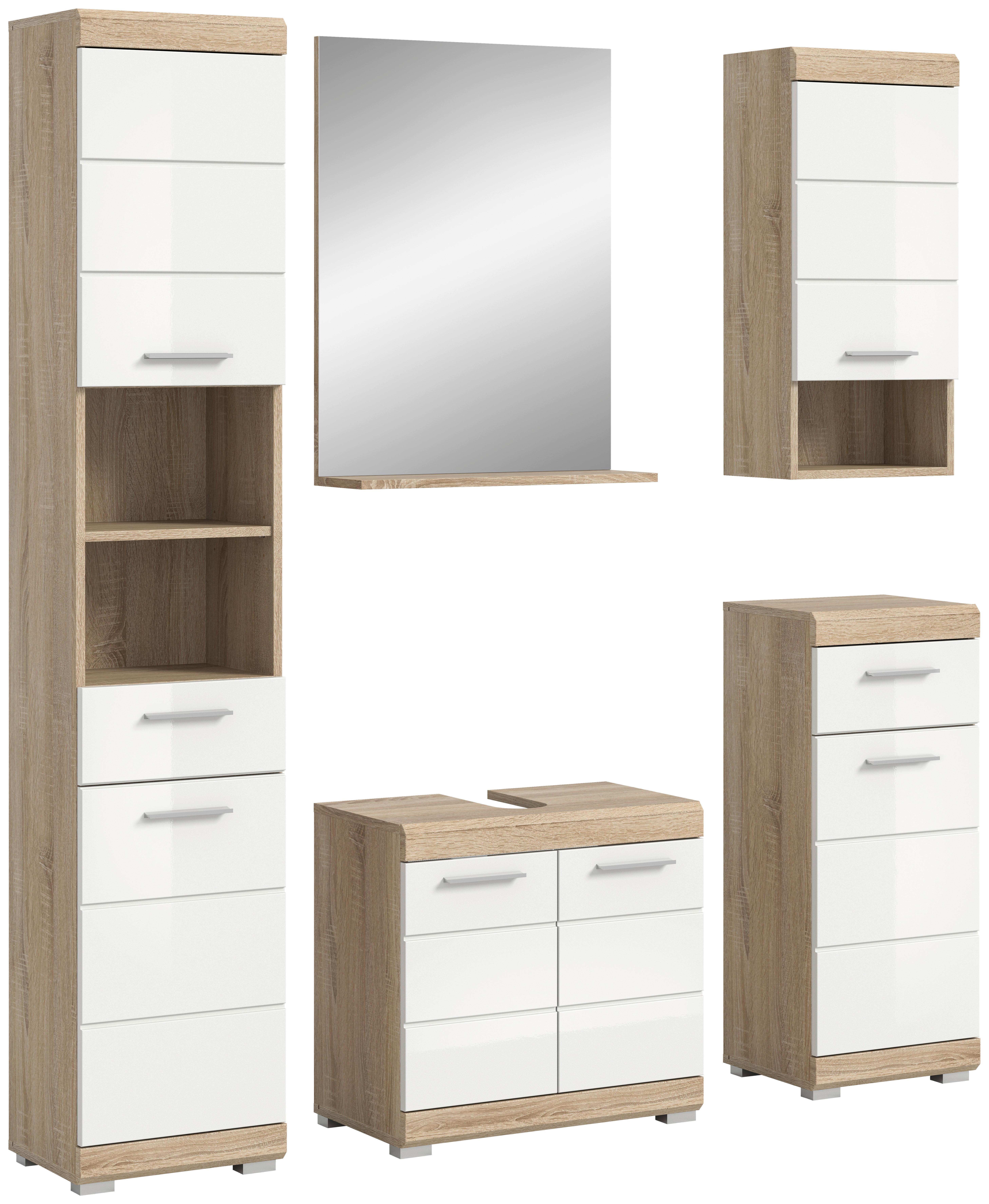 Badezimmer Lambada Eiche Dekor/weiß B: 134 Cm - Weiß Hochglanz/Silberfarben, MODERN, Glas/Holzwerkstoff (134cm) - MID.YOU