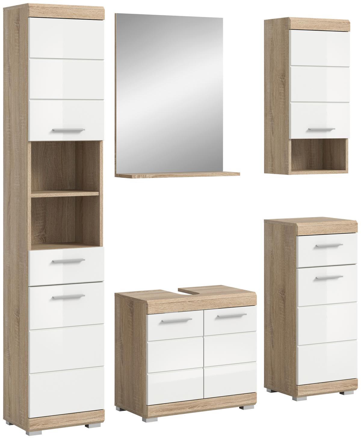 Badezimmer Lambada Eiche Dekor/weiß B: 134 Cm - Weiß Hochglanz/Silberfarben, MODERN, Glas/Holzwerkstoff (134cm) - MID.YOU