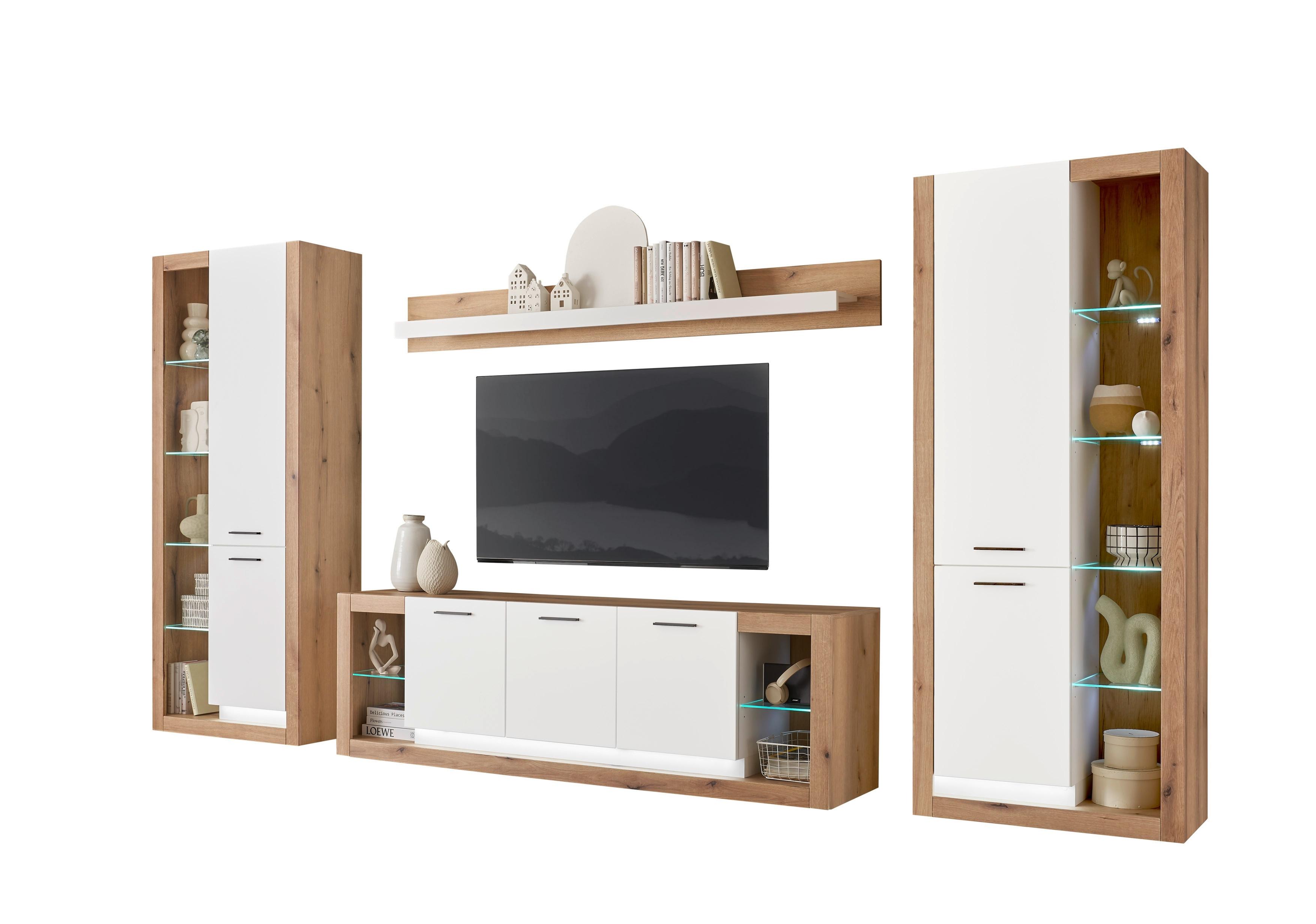 Wohnwand Brixen Weiß/Eichefarben B: 398cm - Eichefarben/Weiß, Design, Glas/Holzwerkstoff (398/195/43cm) - MID.YOU