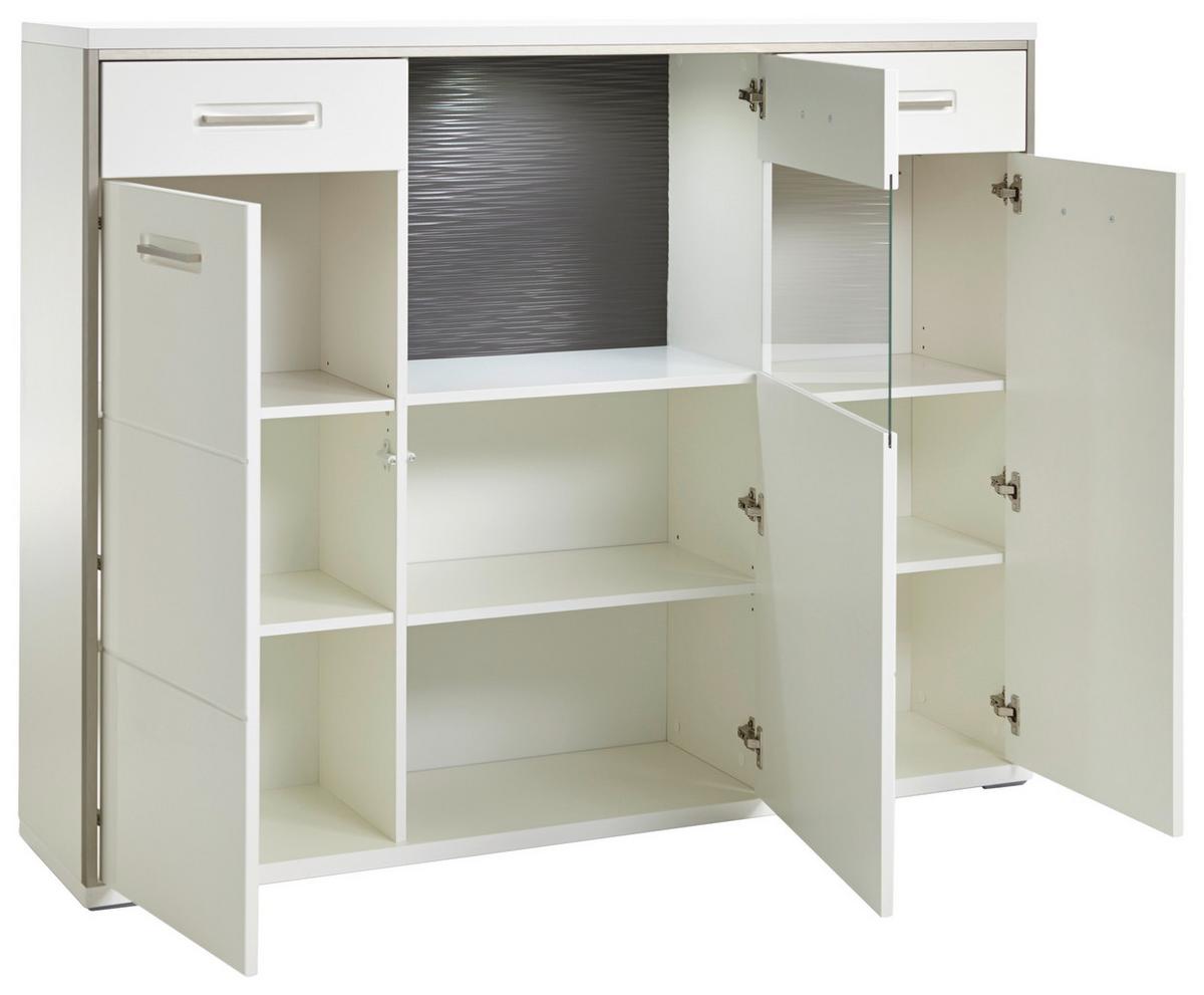 Highboard B: 153 cm Trento Grau/Silberfarben/Weiß - Weiß Hochglanz/Silberfarben, Design, Glas/Holzwerkstoff (153/121/45cm) - Livetastic