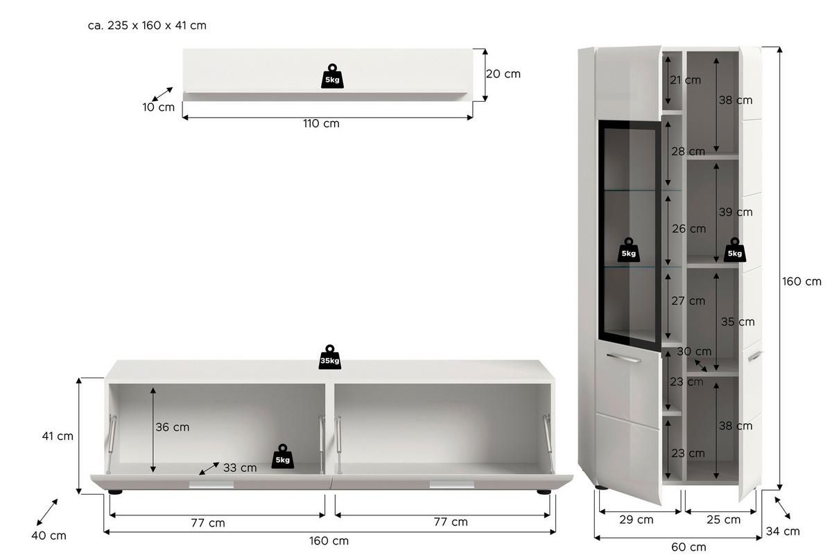 Szekrénysor Ice - fehér/magasfényű fehér, Design, faalapú anyag (235/160/41cm) - Livetastic