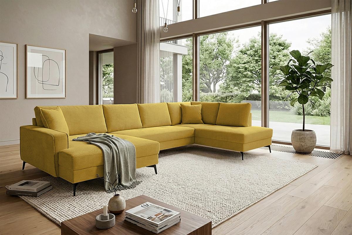 Wohnlandschaft Zero Senfgelb U-Form 195x362x173cm - Senfgelb/Schwarz, Trend, Textil (173/362/195cm)