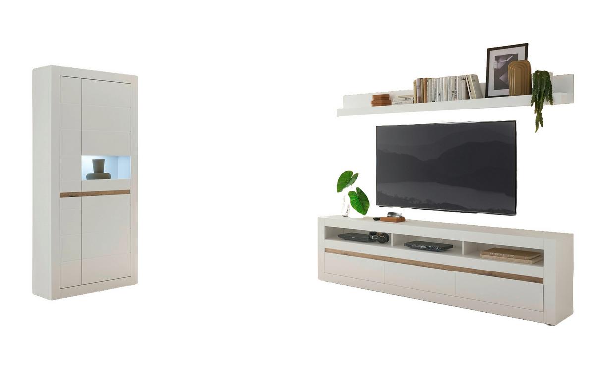 Wohnwand Chester Weiß/Eichefarben B: 312cm - Eichefarben/Silberfarben, Design, Holzwerkstoff (312/198/42cm) - MID.YOU