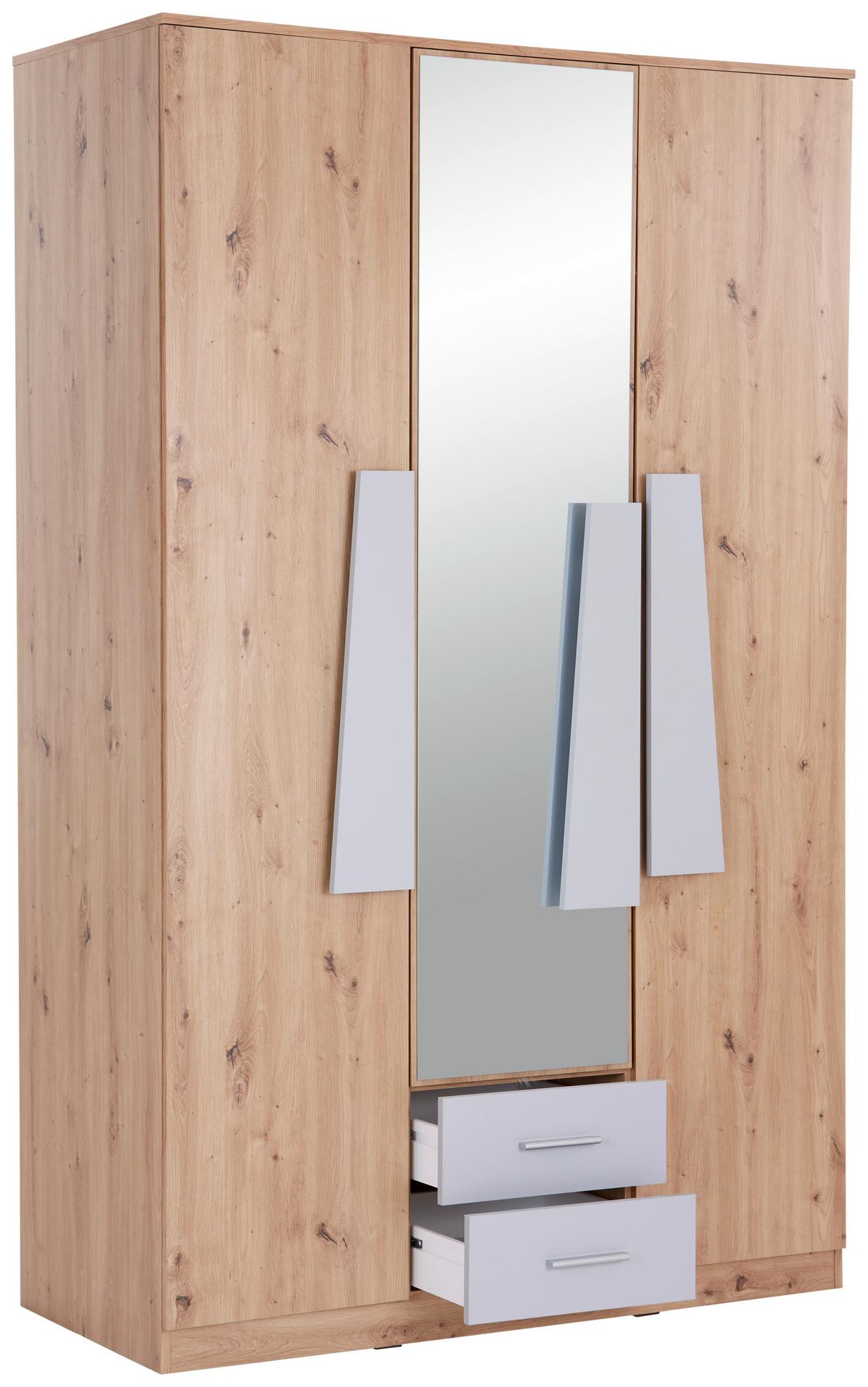 Kleiderschrank mit Spiegel + Laden 134 cm Eiche Dekor - Eiche Artisan/Grau, MODERN, Holzwerkstoff (134,1/216,3/59,9cm)