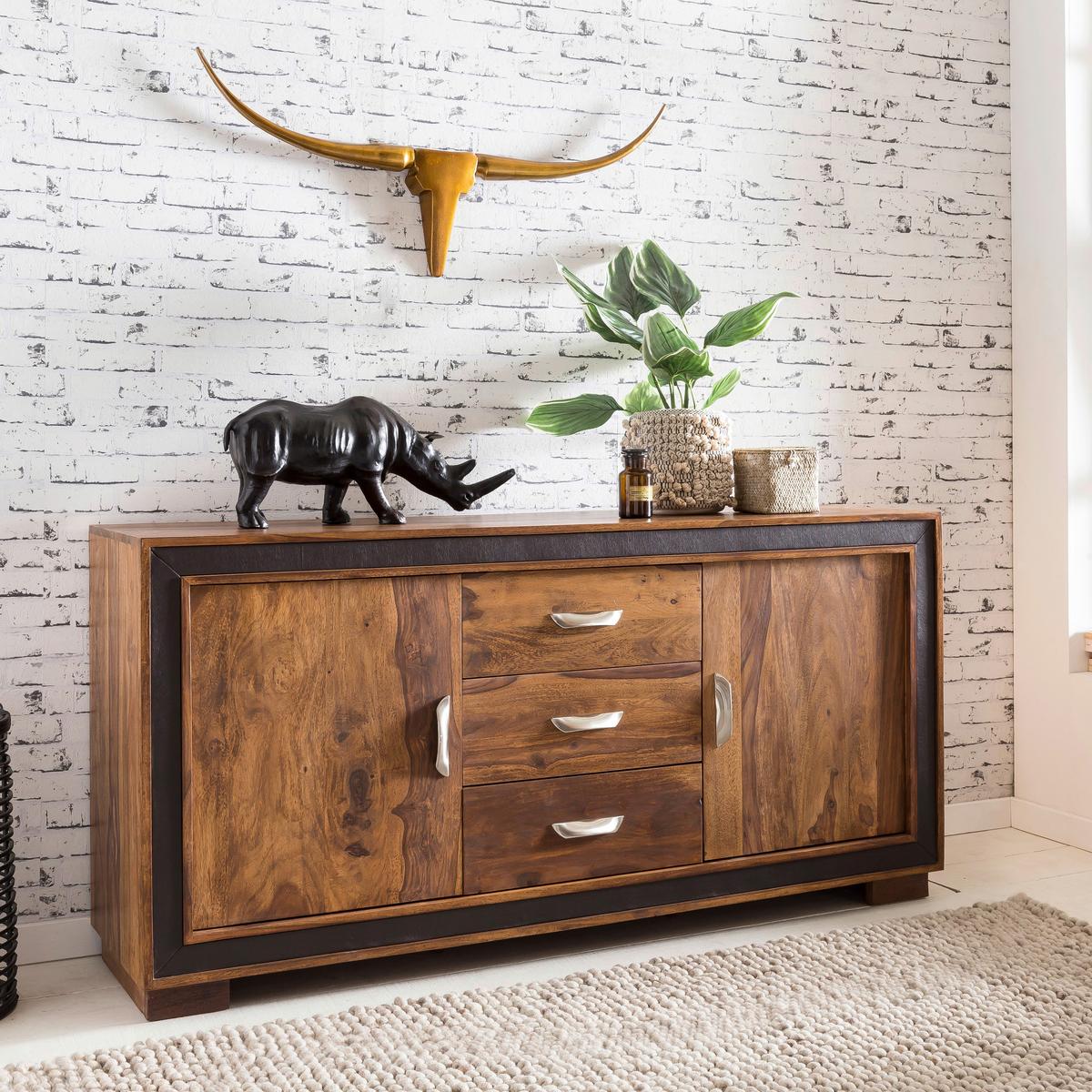 Sideboard 160 cm Sheesham, Sheeshamfarben - Sheeshamfarben/Schwarz, Design, Holz/Textil (160/80/44cm) - MID.YOU