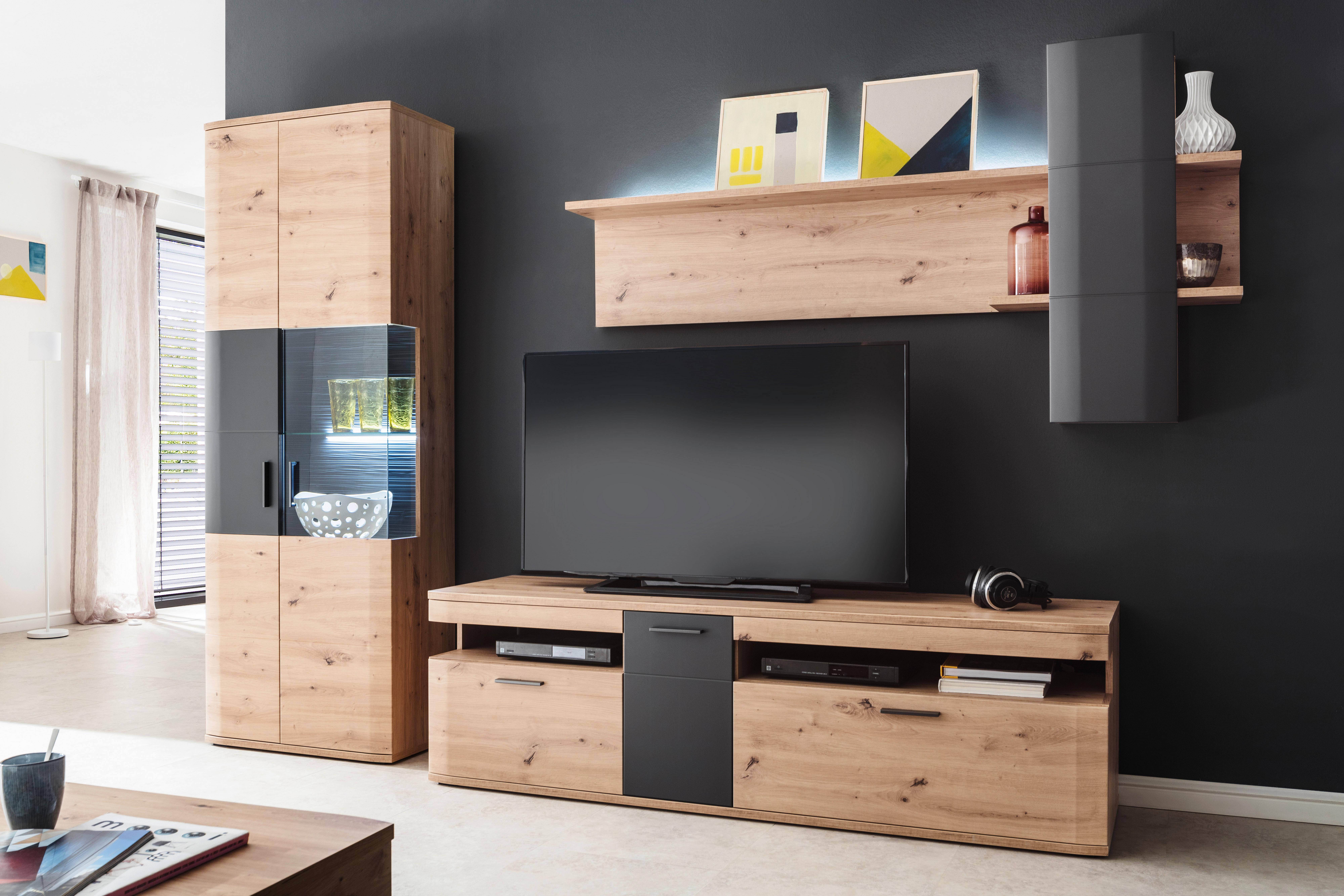Wohnkombination 3-Tlg. Cortona Anthrazit/Eichefarben - Klar/Eichefarben, Design, Glas/Holzwerkstoff (290/198/50cm) - Livetastic