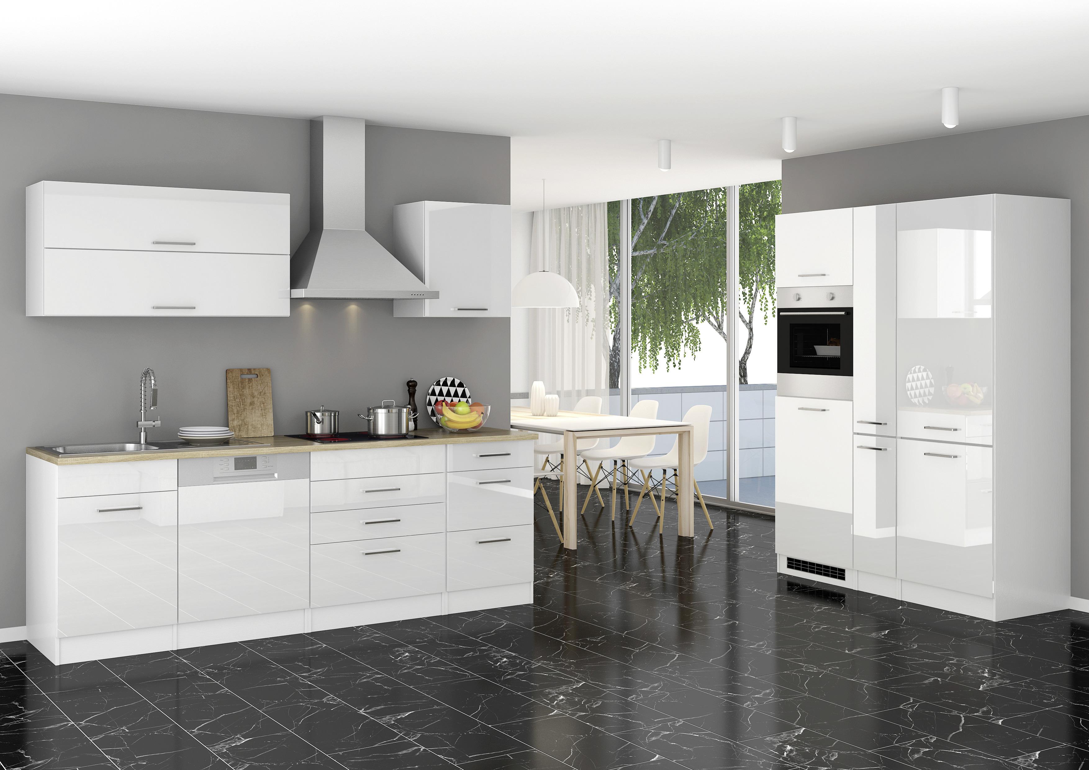 Küchenzeile Mailand mit Geräten 390 cm Weiß Hochglanz - Eichefarben/Weiß, MODERN, Holzwerkstoff (240/150cm) - MID.YOU