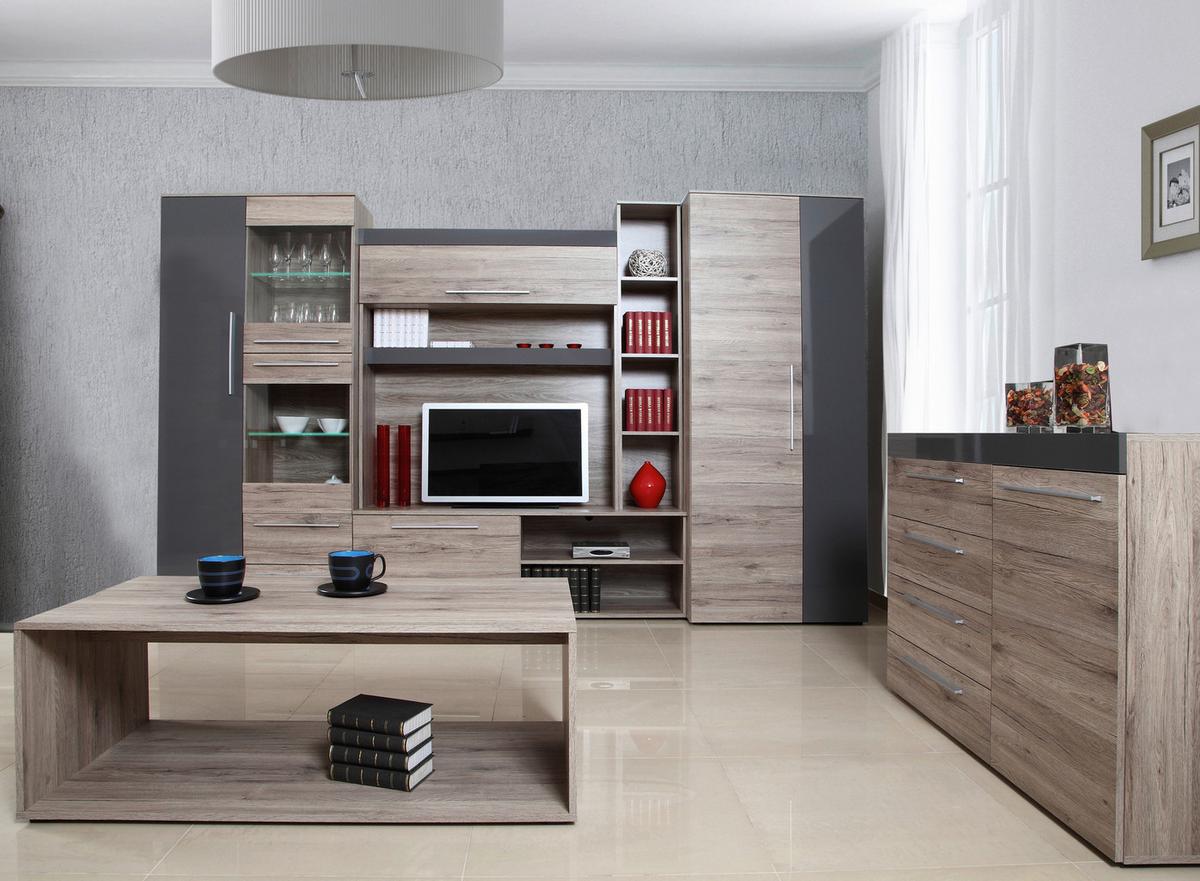 Szekrénysor Royal - grafitszürke/San Remo tölgy, Modern, faalapú anyag/üveg (320/200/52cm)