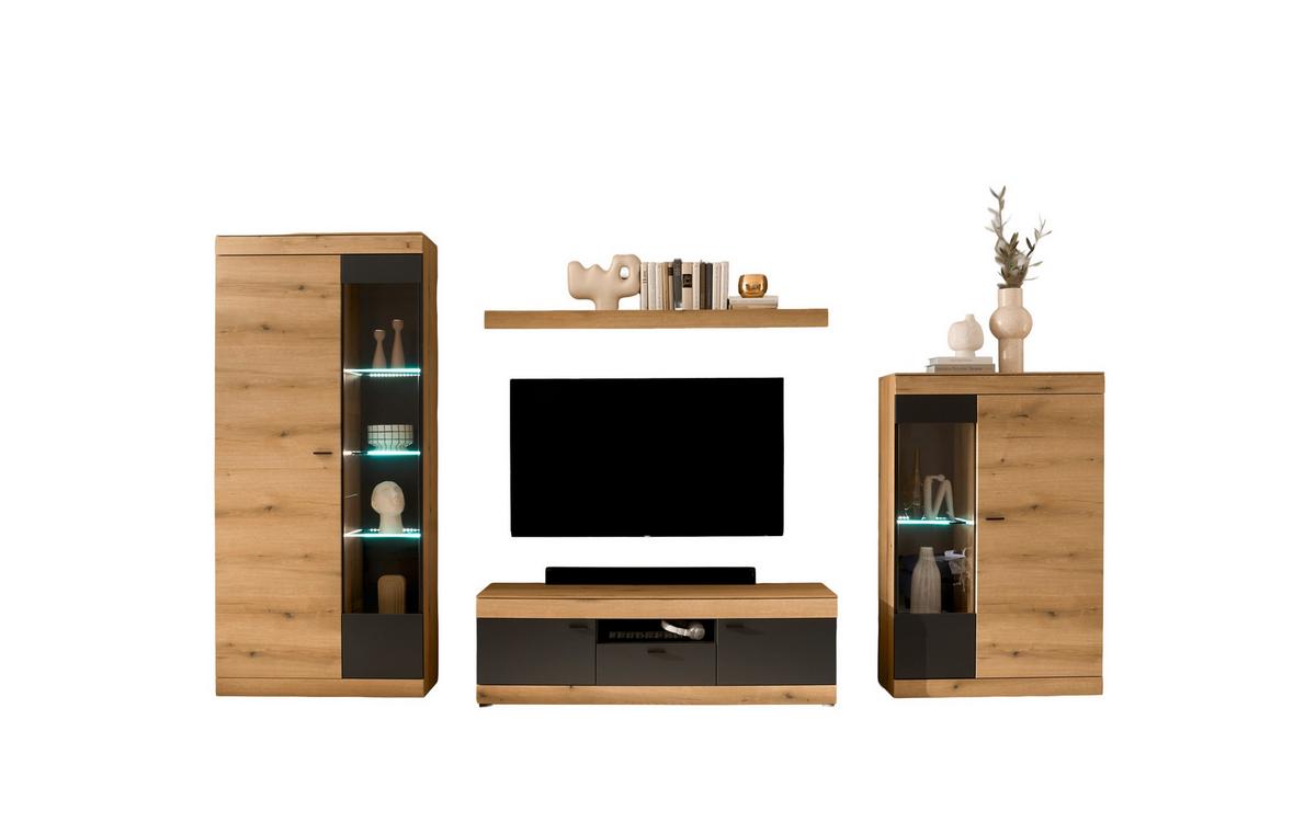 Wohnwand Soleto Graphit/Eichefarben B: 350cm - Eichefarben/Schwarz, Design, Glas/Holzwerkstoff (350/201/45cm) - MID.YOU