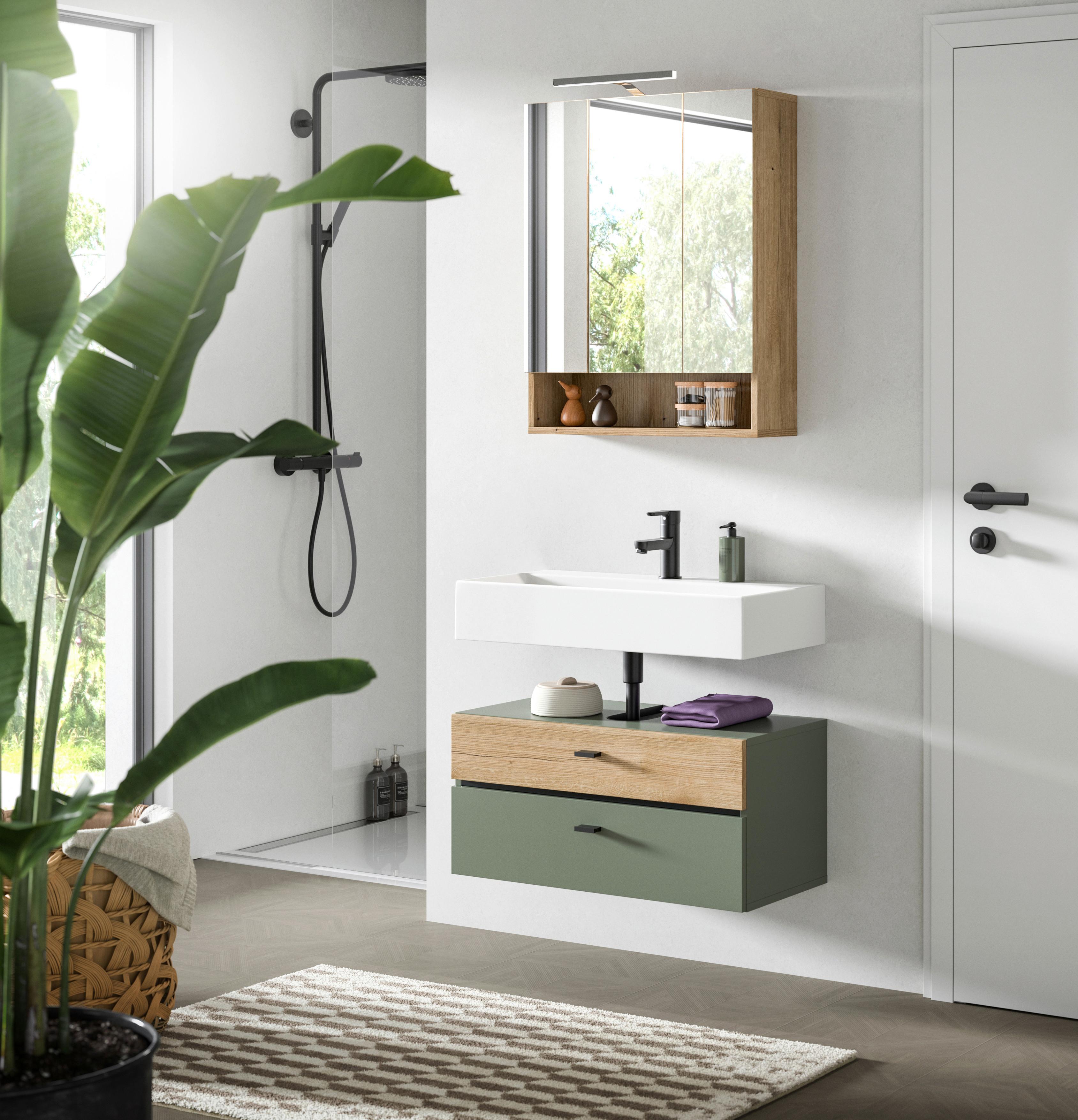 Badezimmer Aqua Grün/Eichefarben B: 75cm - Eichefarben/Schwarz, Trend, Glas/Holzwerkstoff (75cm) - MID.YOU