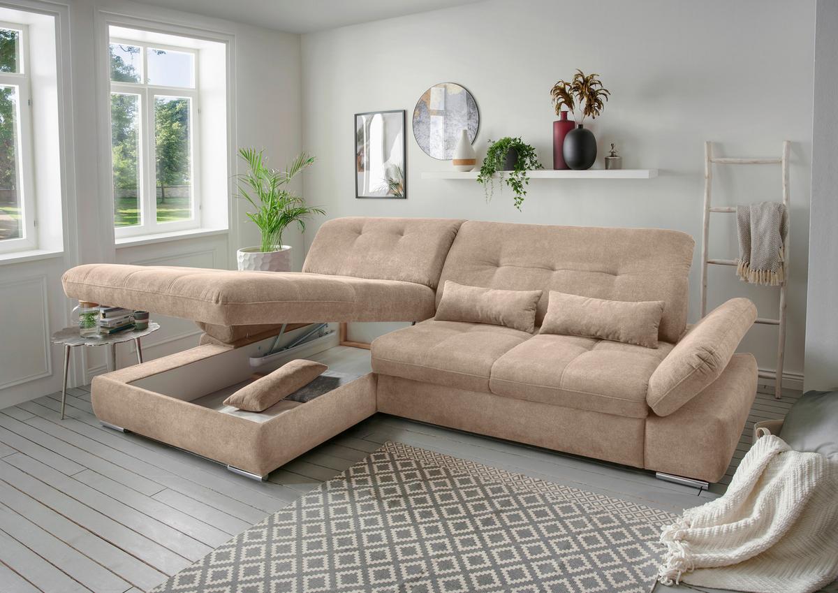 Ecksofa Dalida Hellbraun S: 196x300 cm - Chromfarben/Hellbraun, Design, Textil (196/300cm) - Livetastic