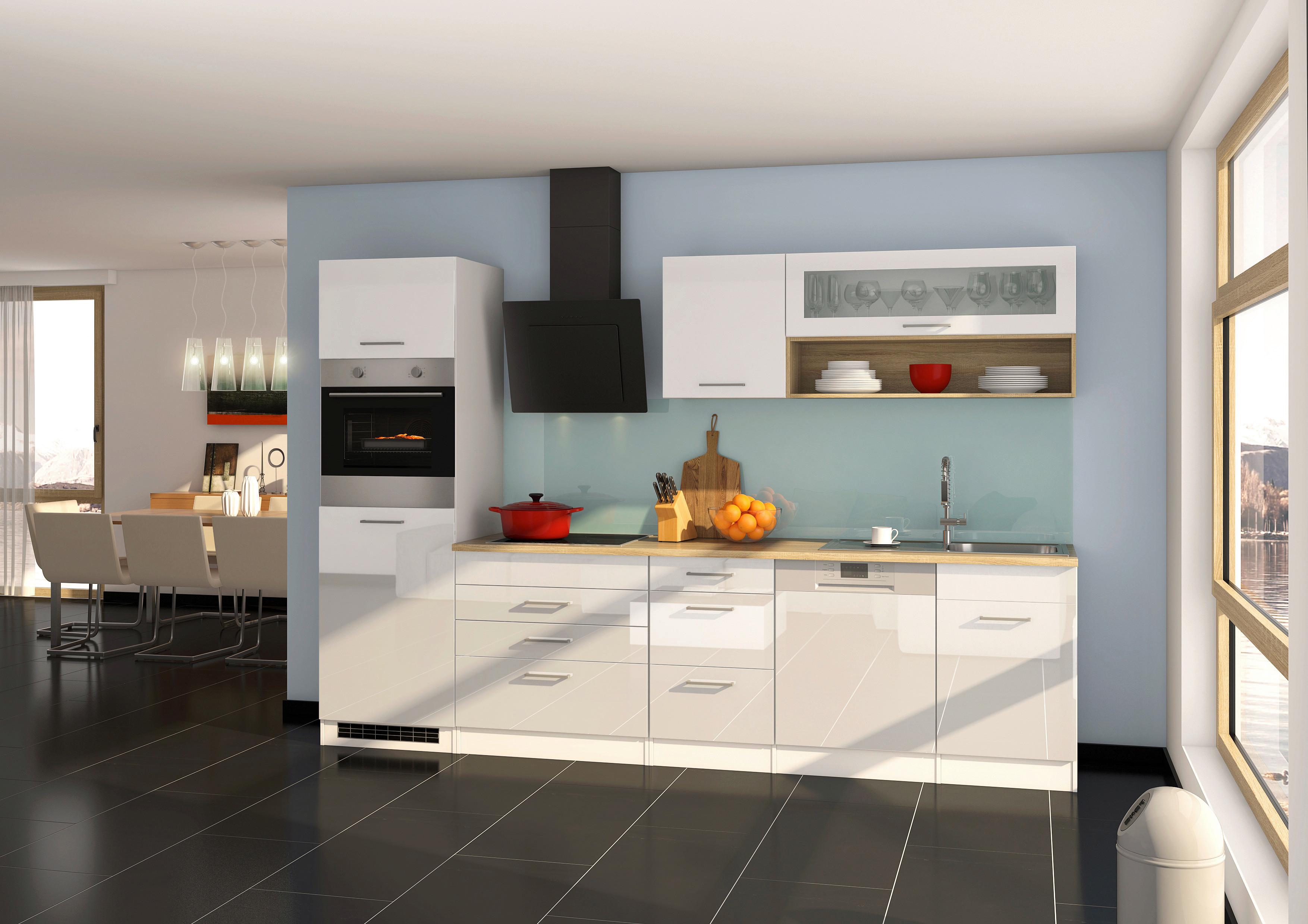 Küchenzeile Mailand M. Geräten 300 Cm Weiß Hochglanz - Eichefarben/Weiß, MODERN, Holzwerkstoff (300cm) - Held