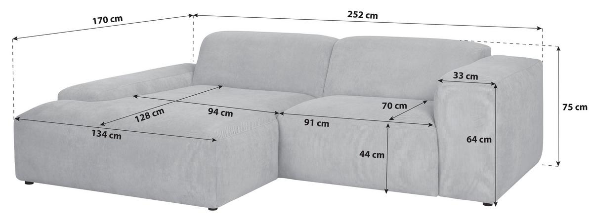 ECKSOFA Hannah Hellgrau 170x252 cm - Hellgrau/Schwarz, Design, Textil (170/252cm) - MID.YOU