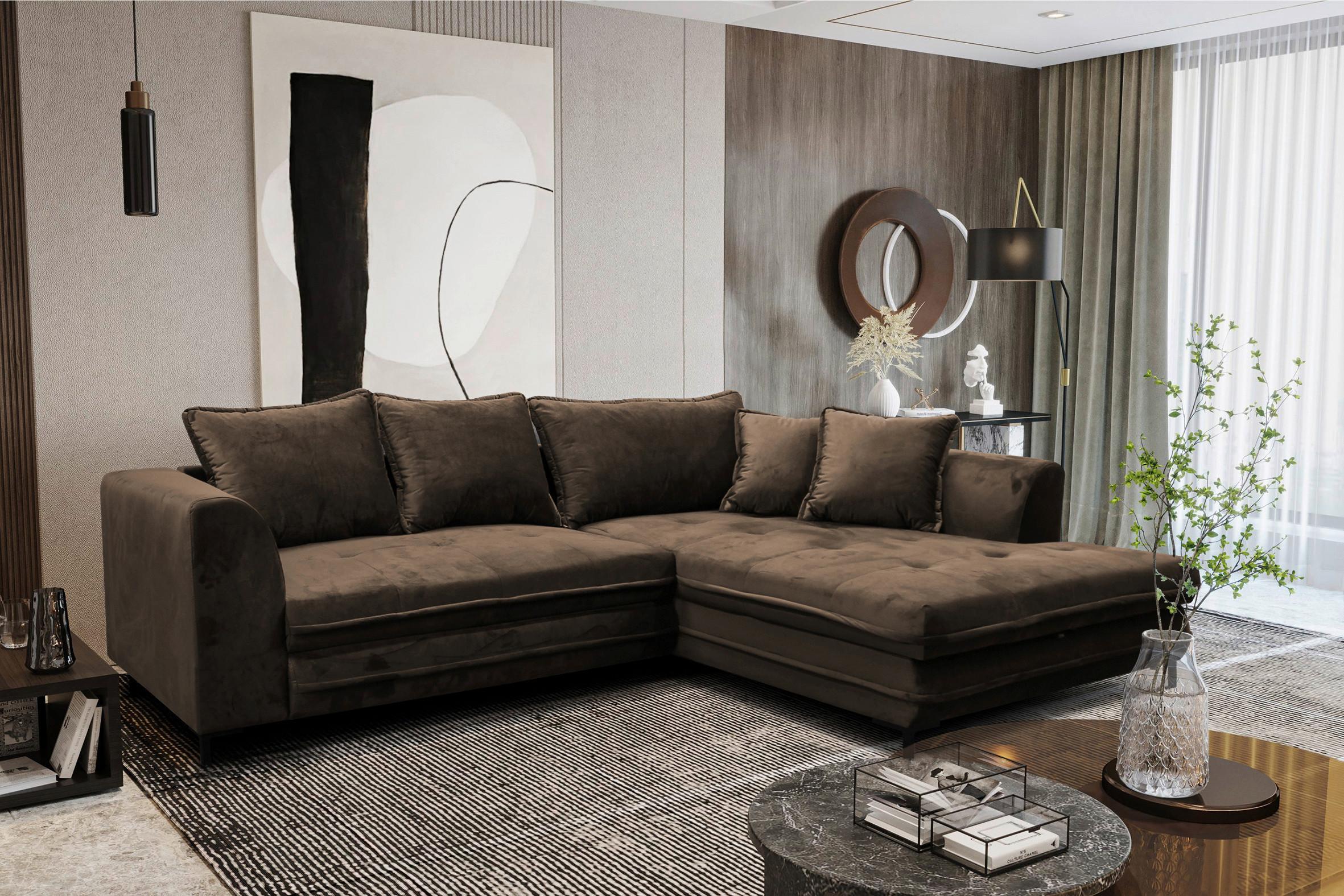Eckschlafsofa Bello Braun Mit Schlaffunktion Ottomane Rechts - Schwarz/Braun, Design, Textil (277/187cm) - Livetastic