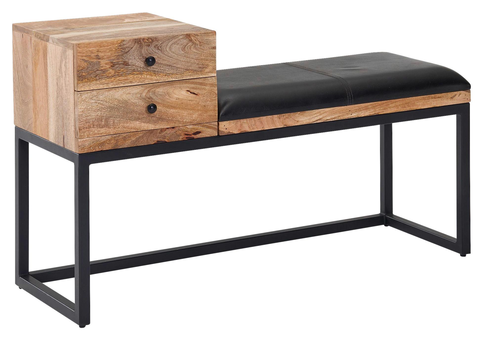 Hockerbank Wl 6.483 Echtleder Schwarz B: 100cm Mangoholz - Schwarz, MODERN, Leder/Holz (100/60/35cm) - MID.YOU