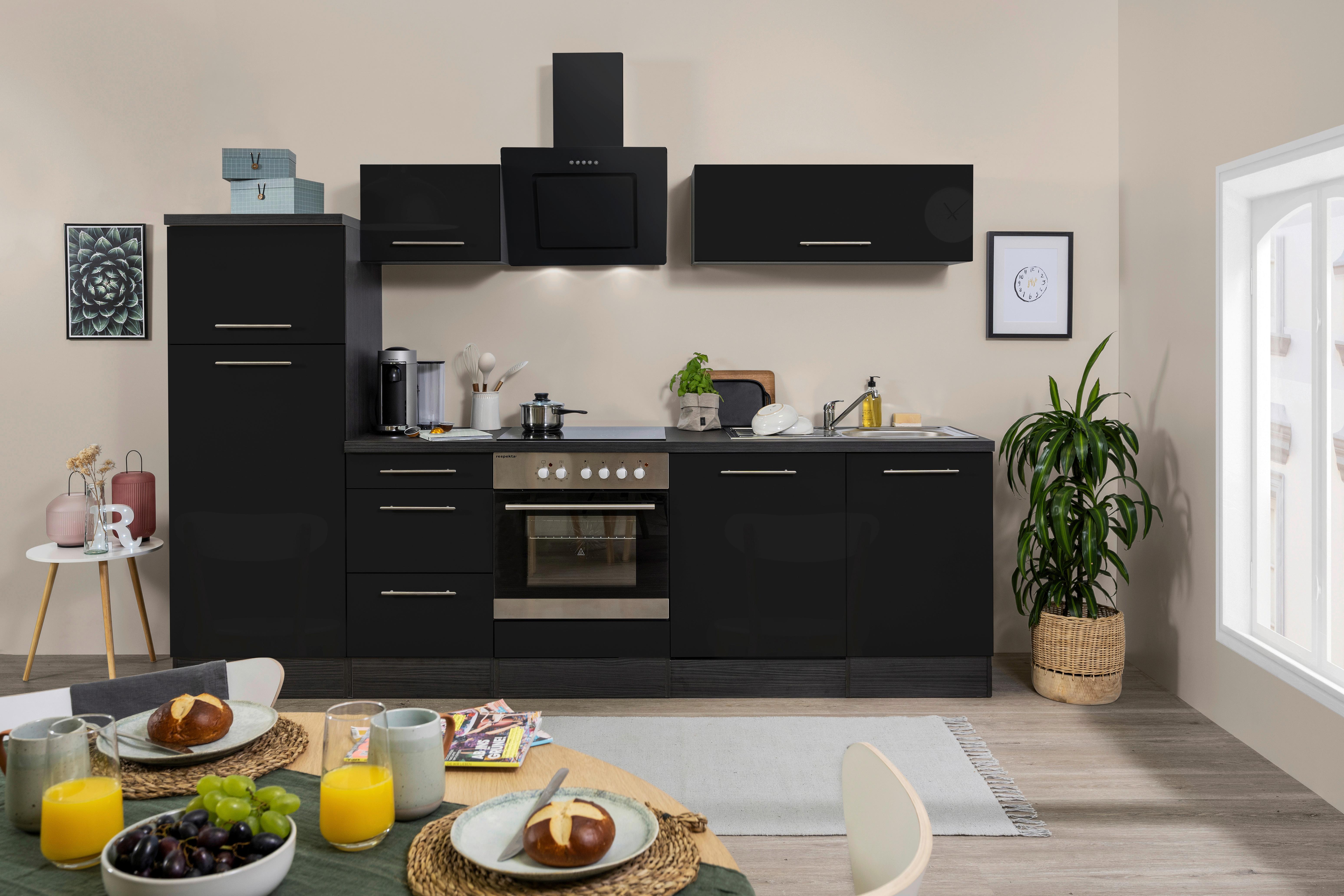 Küchenzeile mit Geräten B: 280 cm Schwarz Hochglanz - Schwarz/Grau, KONVENTIONELL, Holzwerkstoff (280cm) - Respekta