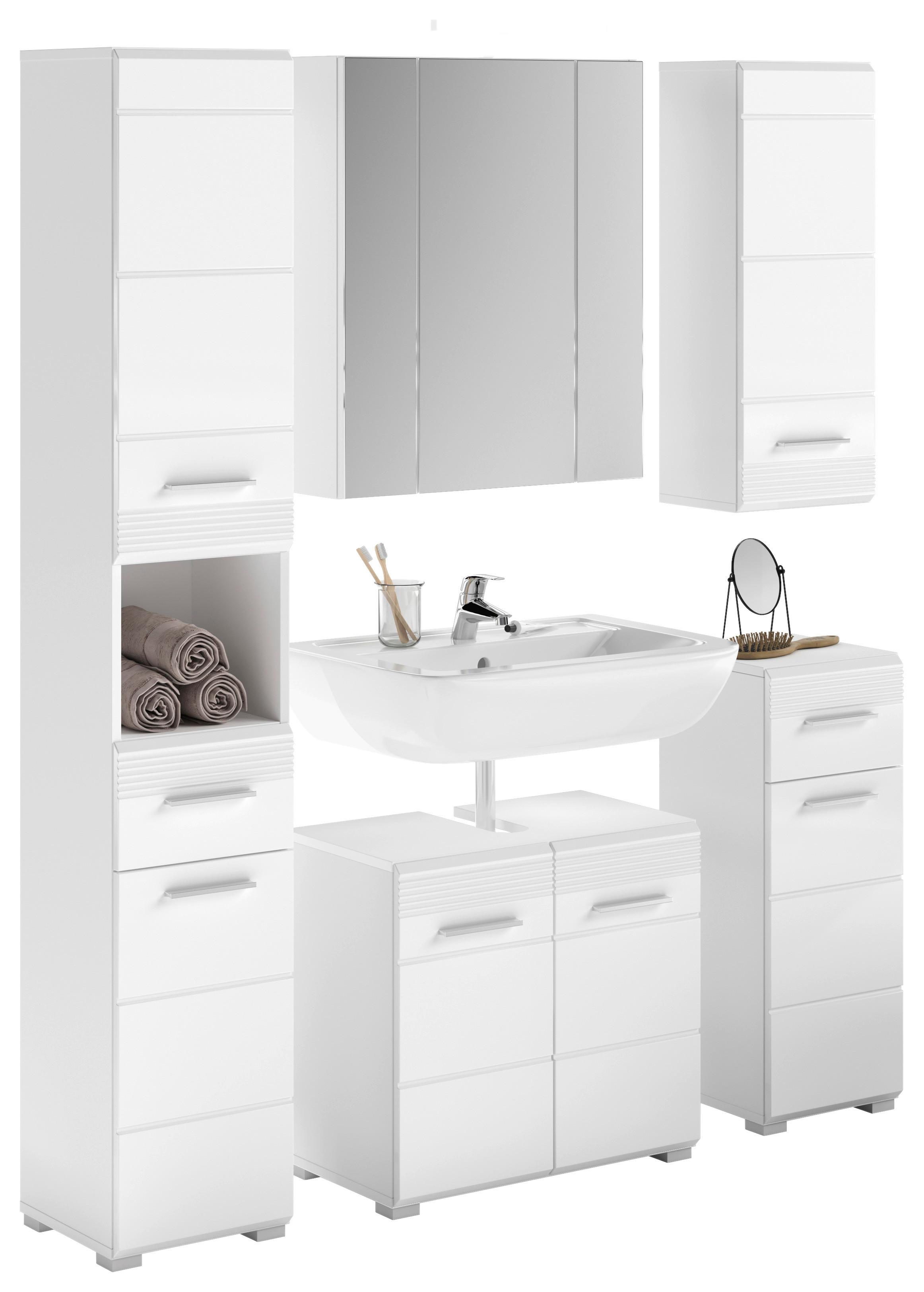 Badezimmer Linus Weiß Hochglanz B: 120 cm - Weiß Hochglanz/Silberfarben, MODERN, Glas/Holzwerkstoff (120cm) - MID.YOU
