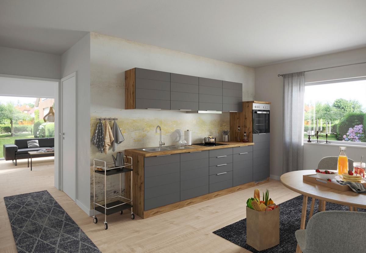 Küchenzeile Florenz mit Geräten 300 cm Grau/Eichefarben - Eiche Wotan/Grau, Design, Holzwerkstoff (300cm) - Held